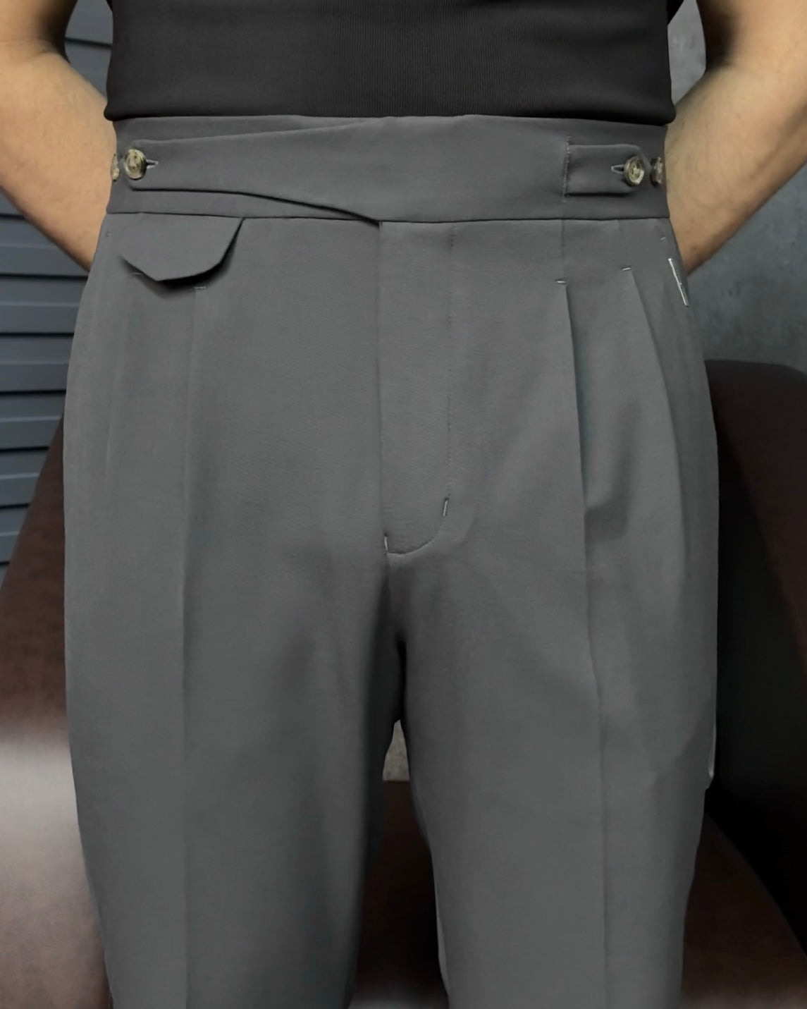 Charcoal Seville Double Pleated Gurkha Trousers (Fit 201 : Tailored Straight - High Rise)
