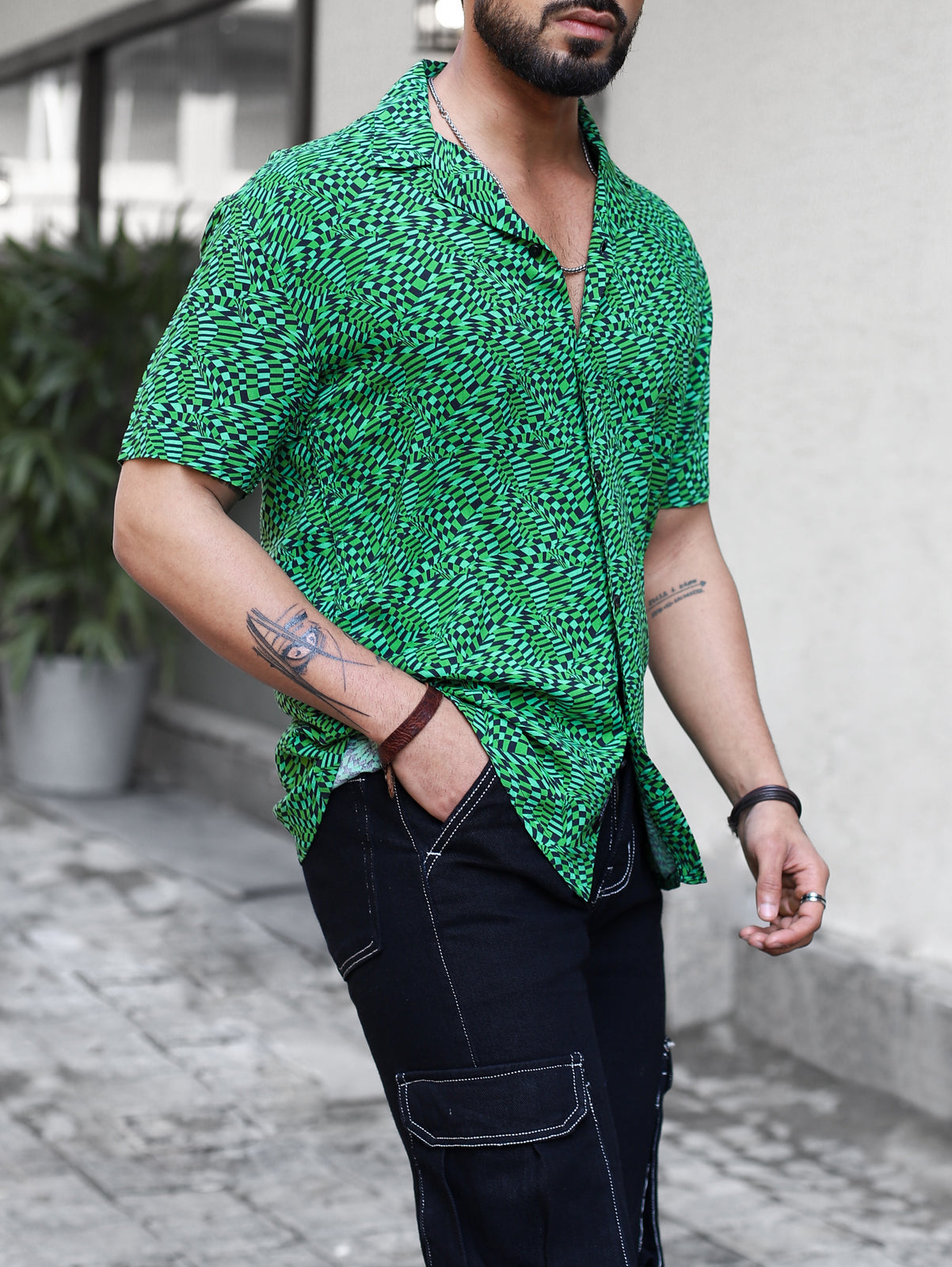 Green Distorted Checks Cuban Shirt