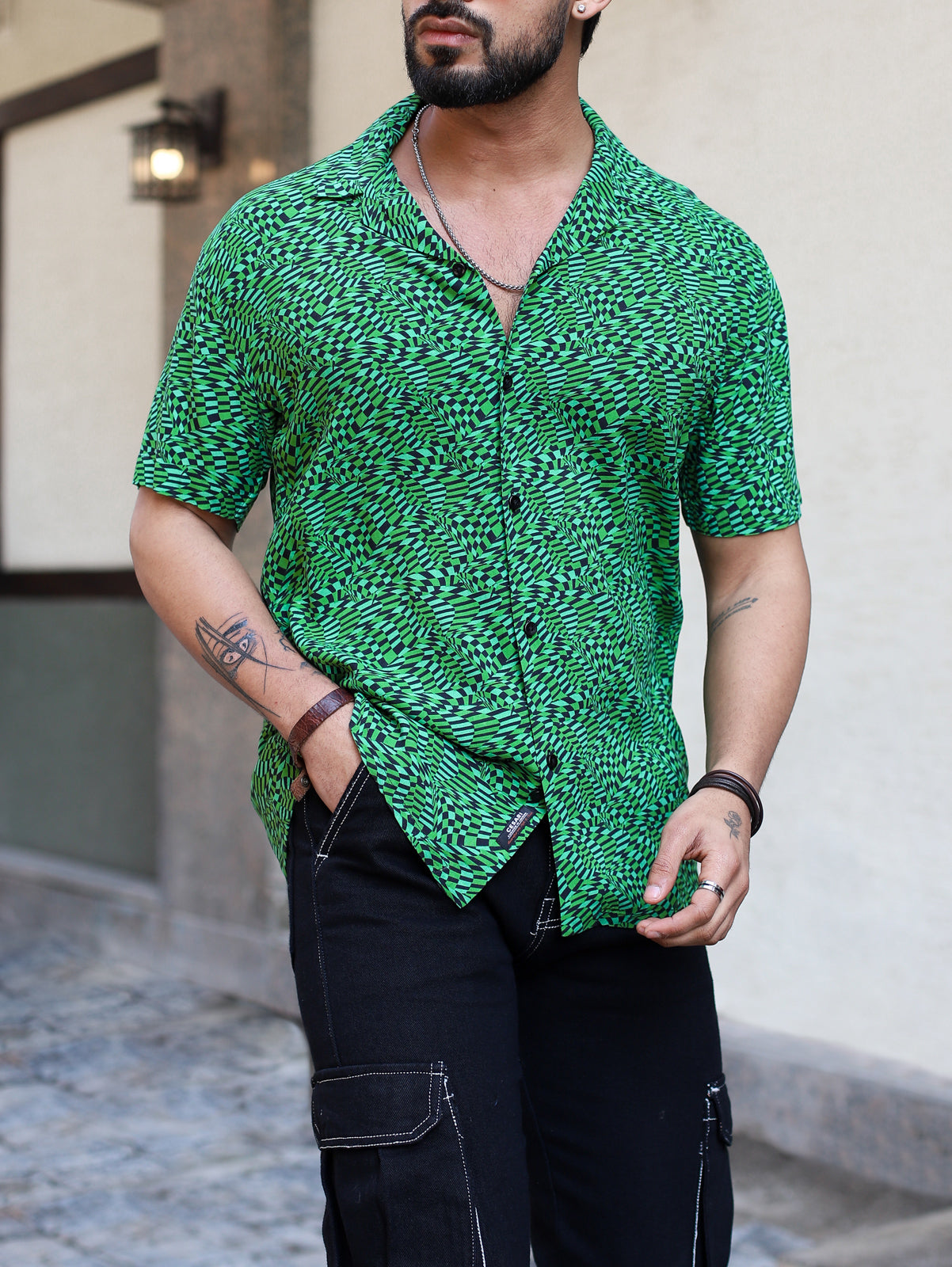 Green Distorted Checks Cuban Shirt