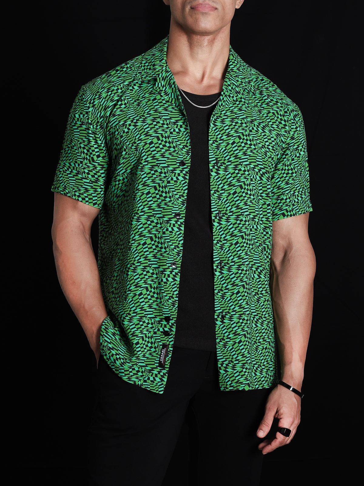 Green Distorted Checks Cuban Shirt