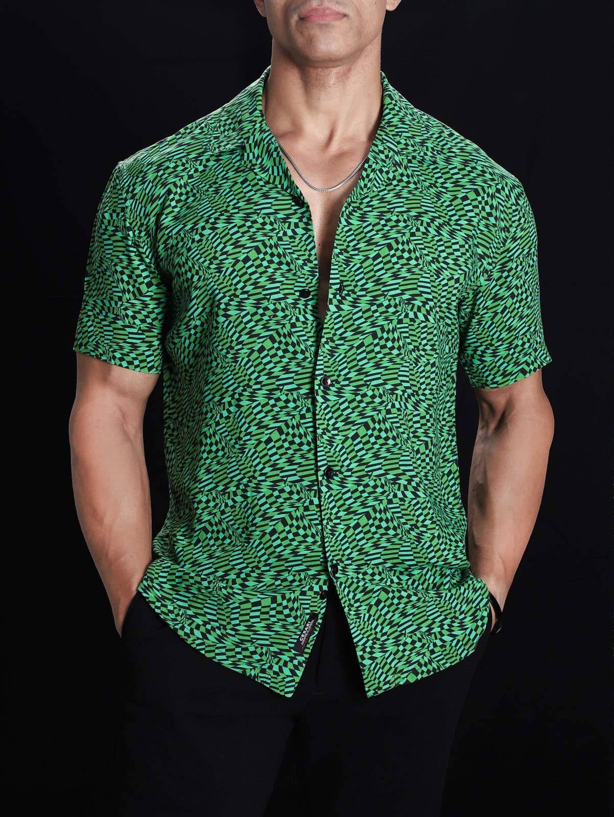 Green Distorted Checks Cuban Shirt