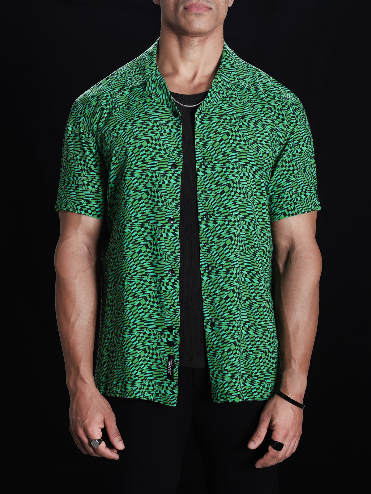 Green Distorted Checks Cuban Shirt