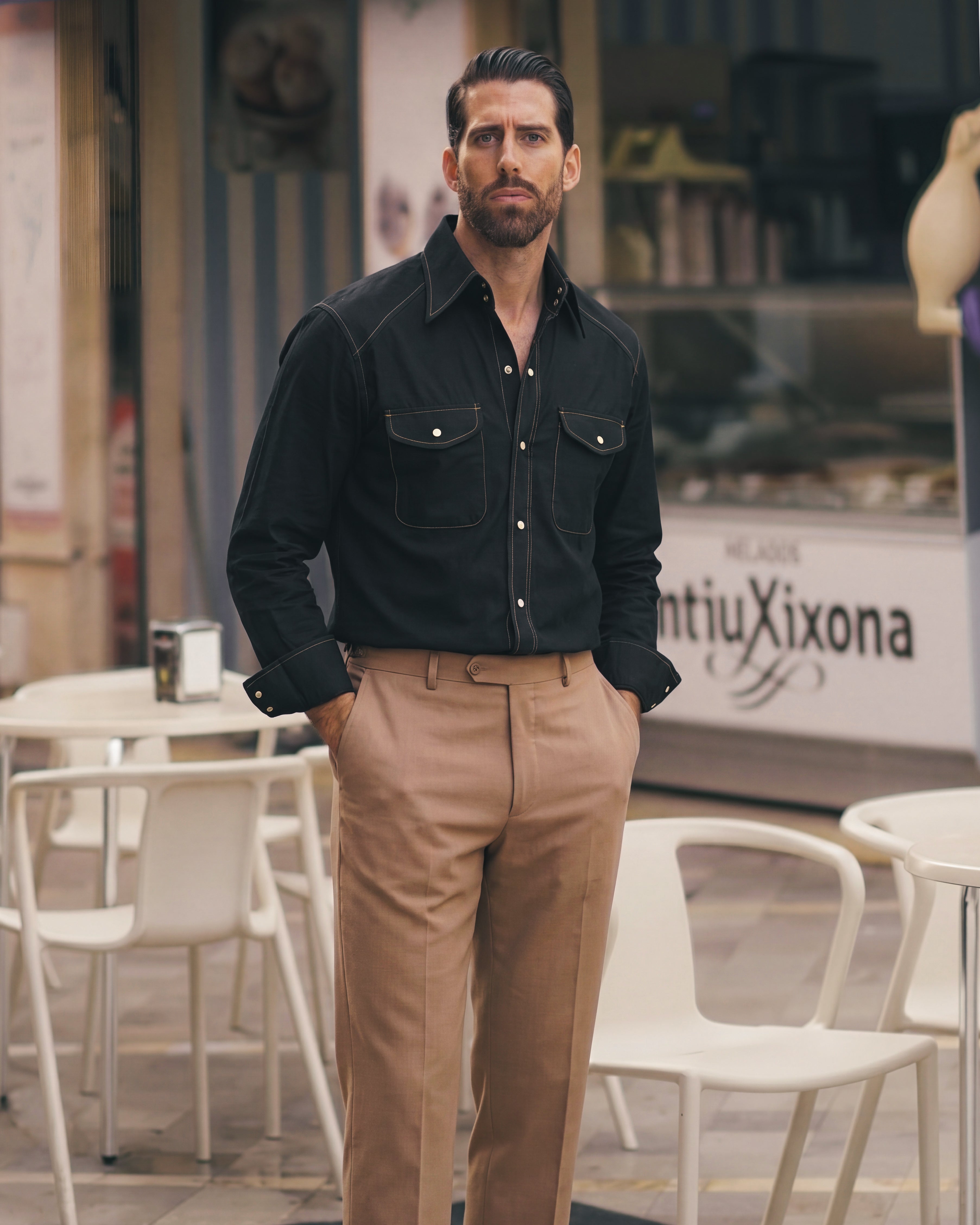 Black 70's Long Collar Vintage Shirt