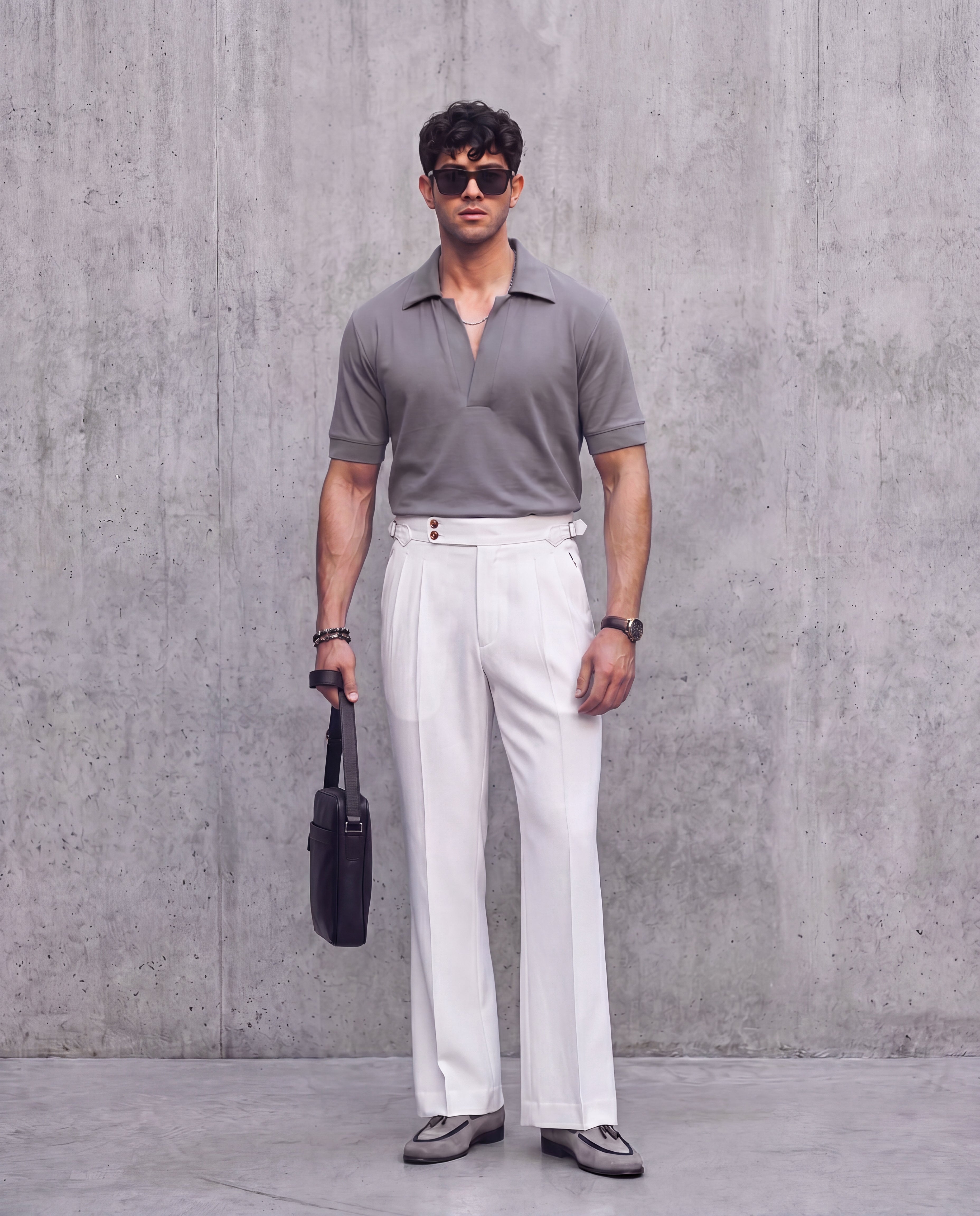 Bianco White Flared Cut Double Pleated Trousers (Fit 401 : Flared Cut - High Rise)