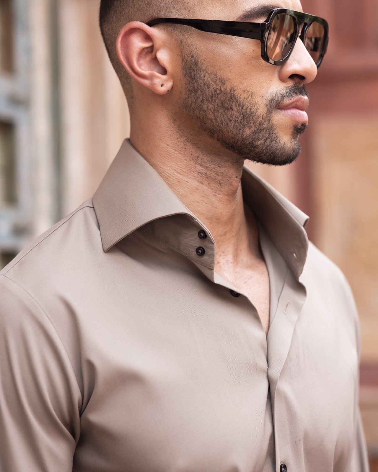 Khaki 2-Buttons Cut-away Collar Shirt