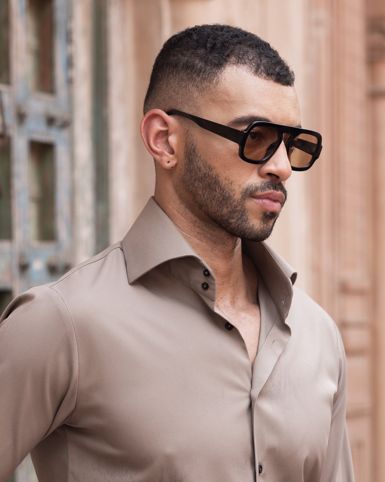 Khaki 2-Buttons Cut-away Collar Shirt