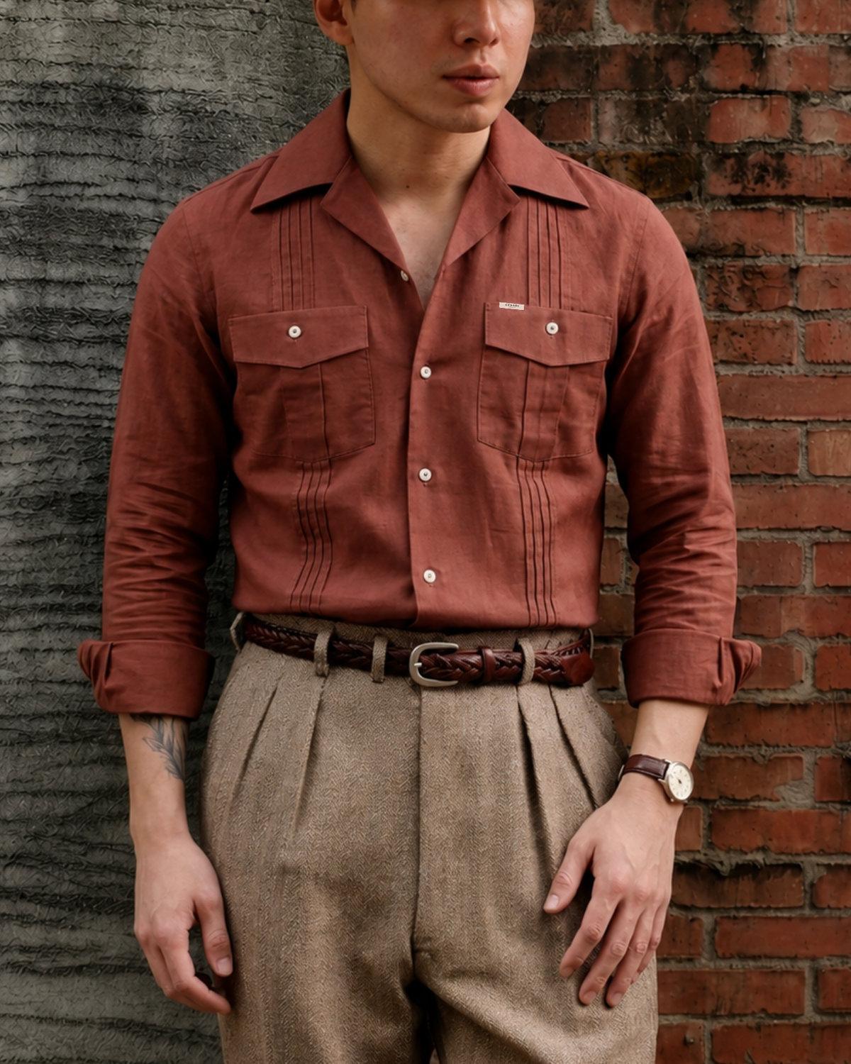 Pantone Rust Pintucks Cuban Shirt