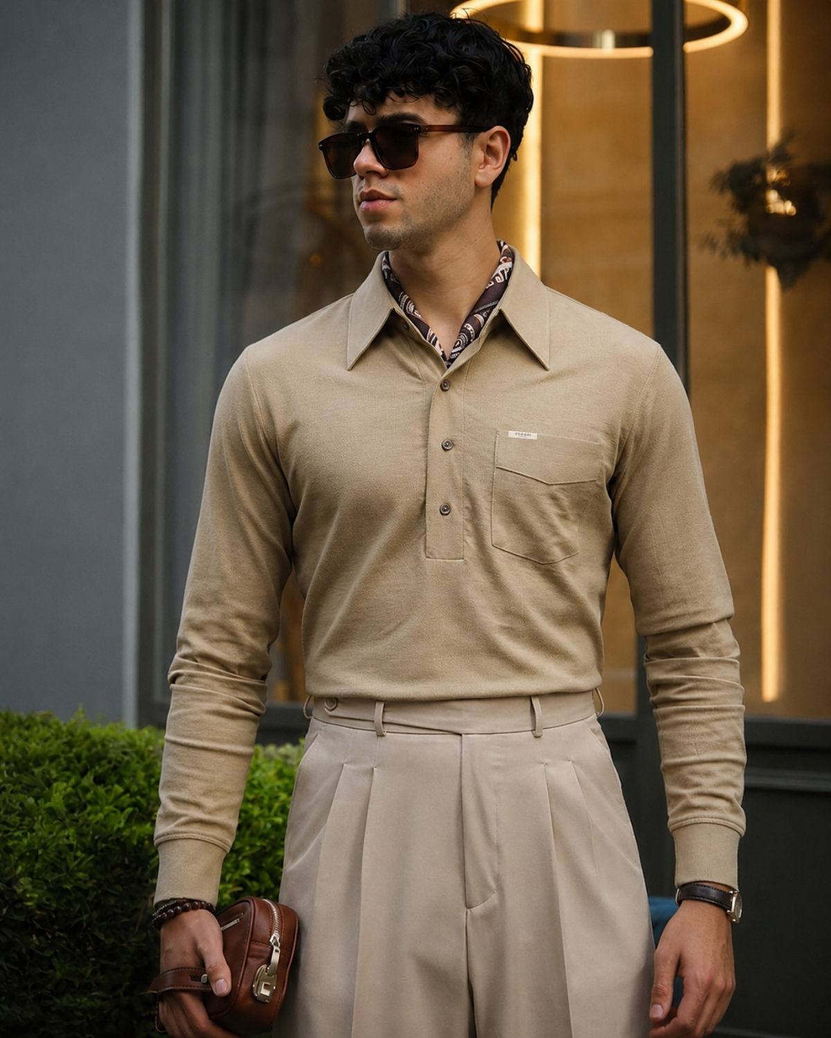 Muted Camel High Collar Polo Shirt (Half/Full Sleeves)