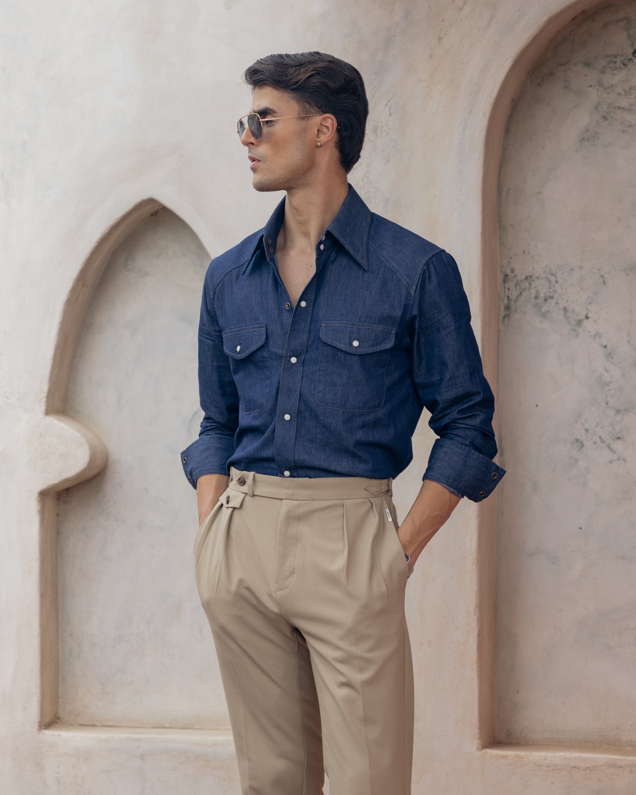 Sand Stone Double Pleated Italian Trousers (Fit 101 : Tapered Leg - Mid Rise)