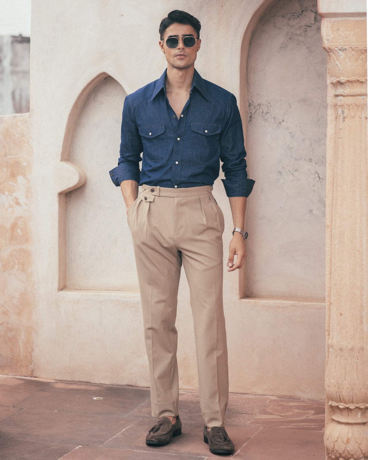 Sand Stone Double Pleated Italian Trousers (Fit 101 : Tapered Leg - Mid Rise)