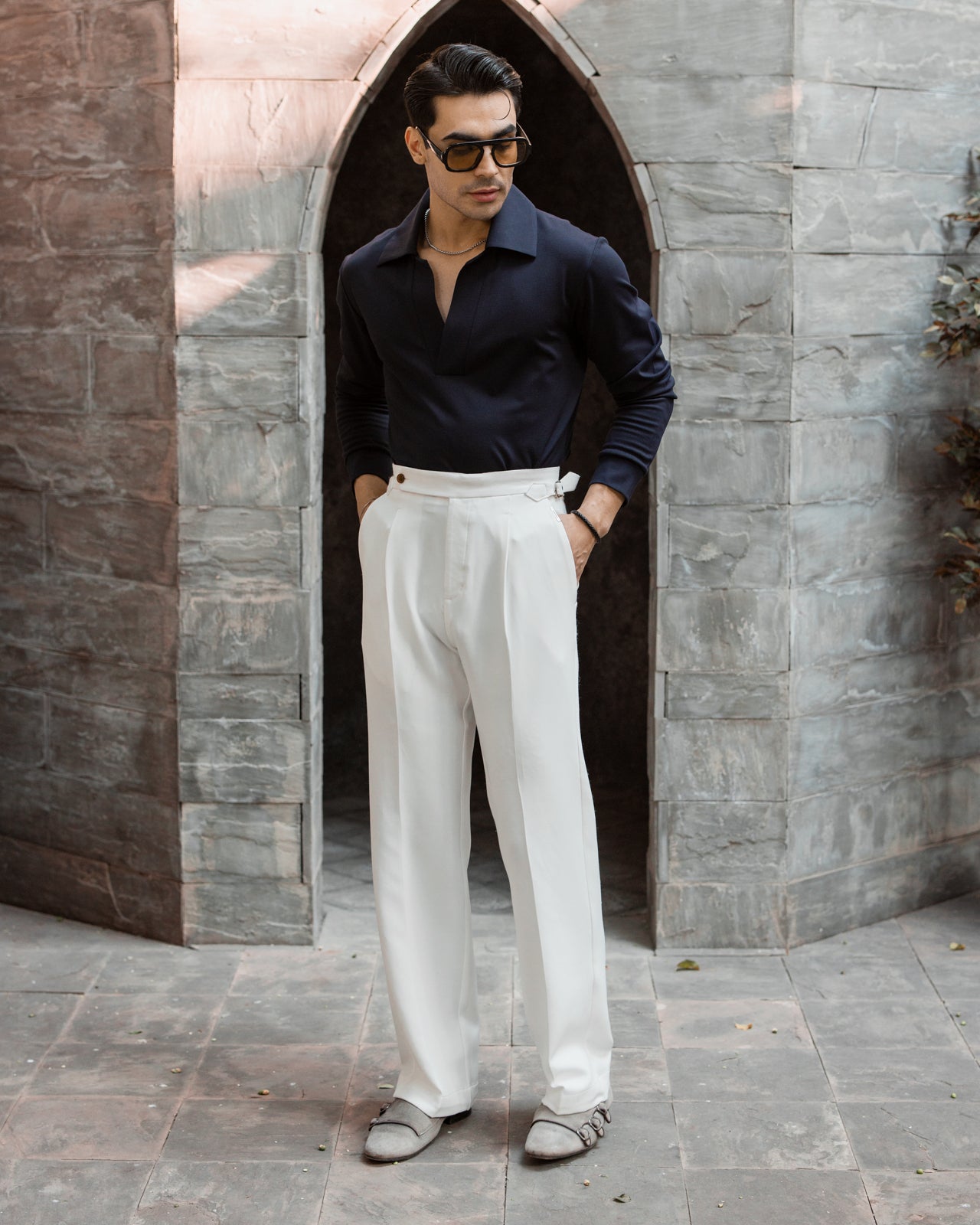 White Tailored Wide Single Pleated Trousers (Fit 301 : Tailored Wide Leg - High Rise)