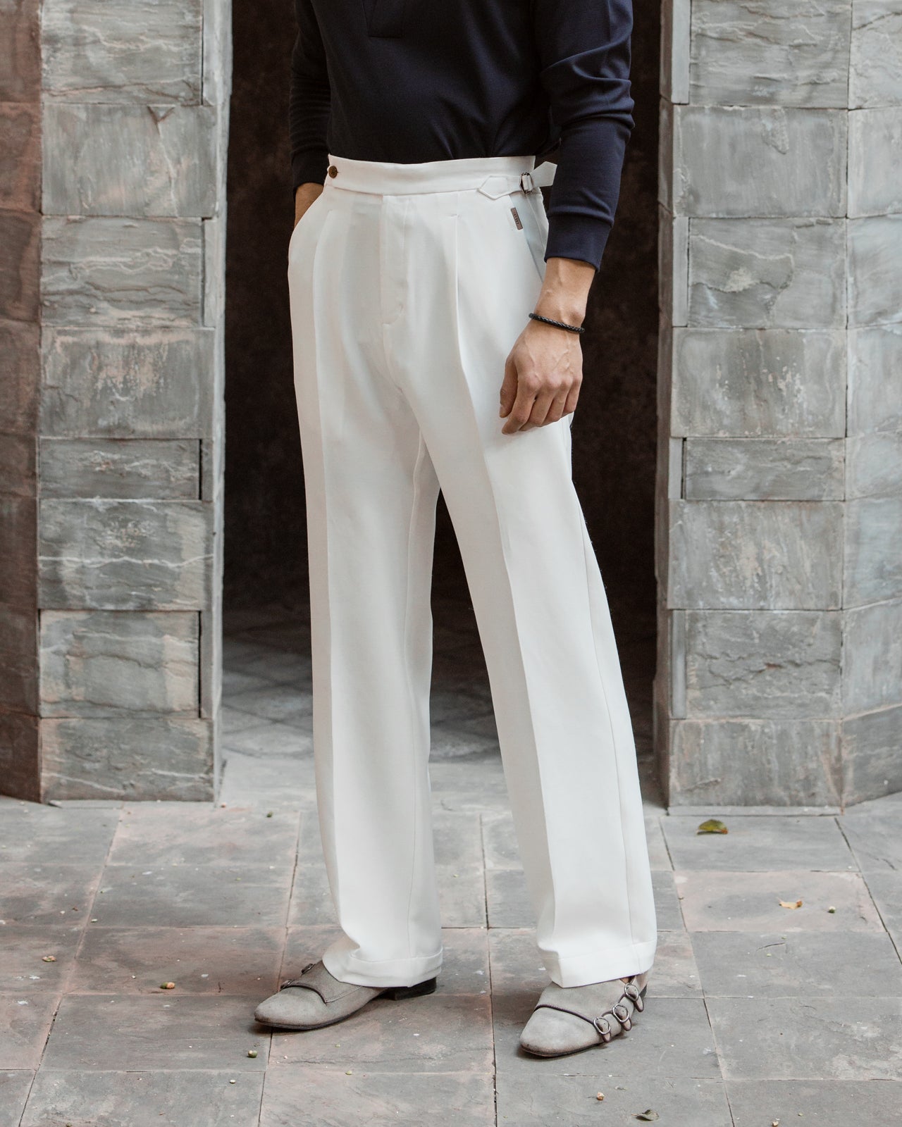 White Tailored Wide Single Pleated Trousers (Fit 301 : Tailored Wide Leg - High Rise)