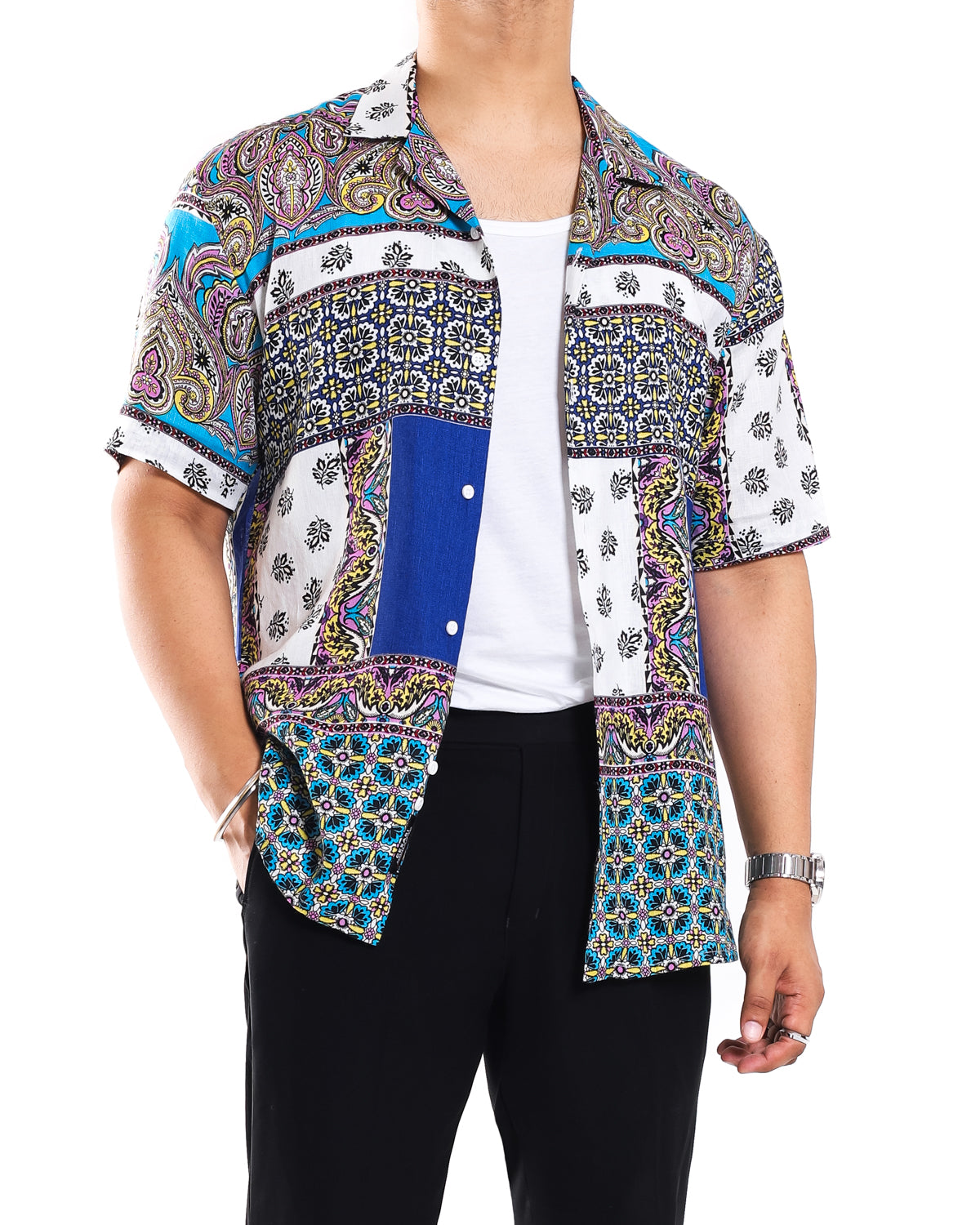 Blue Scarf Print 100% Pure Linen Shirt