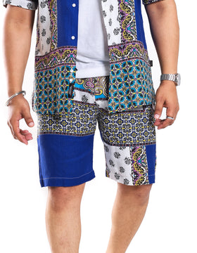 Blue Scarf Print Shorts in 100% Pure Linen (Shirt not included)