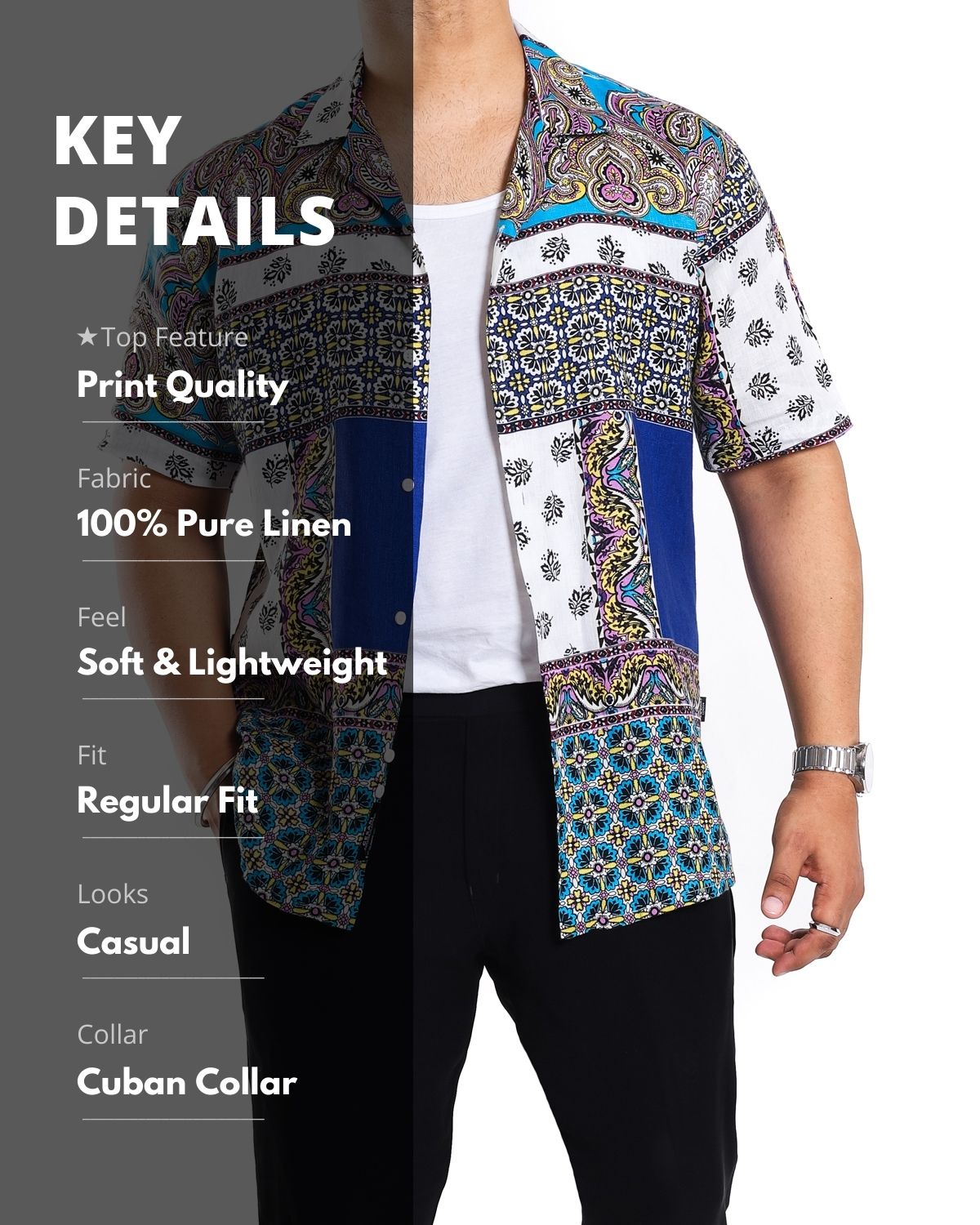 Blue Scarf Print 100% Pure Linen Shirt