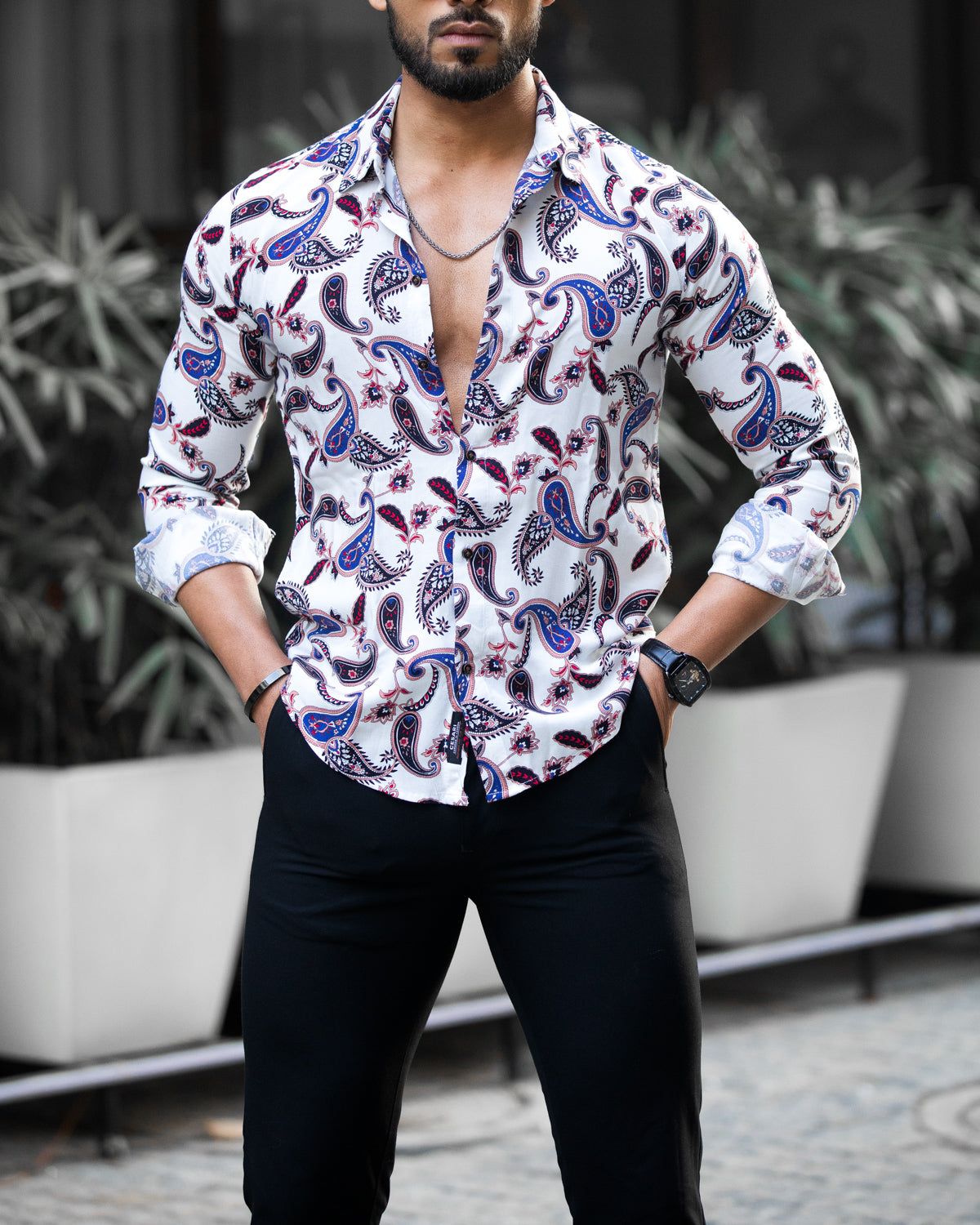 White Paisley Printed Viscose Shirt