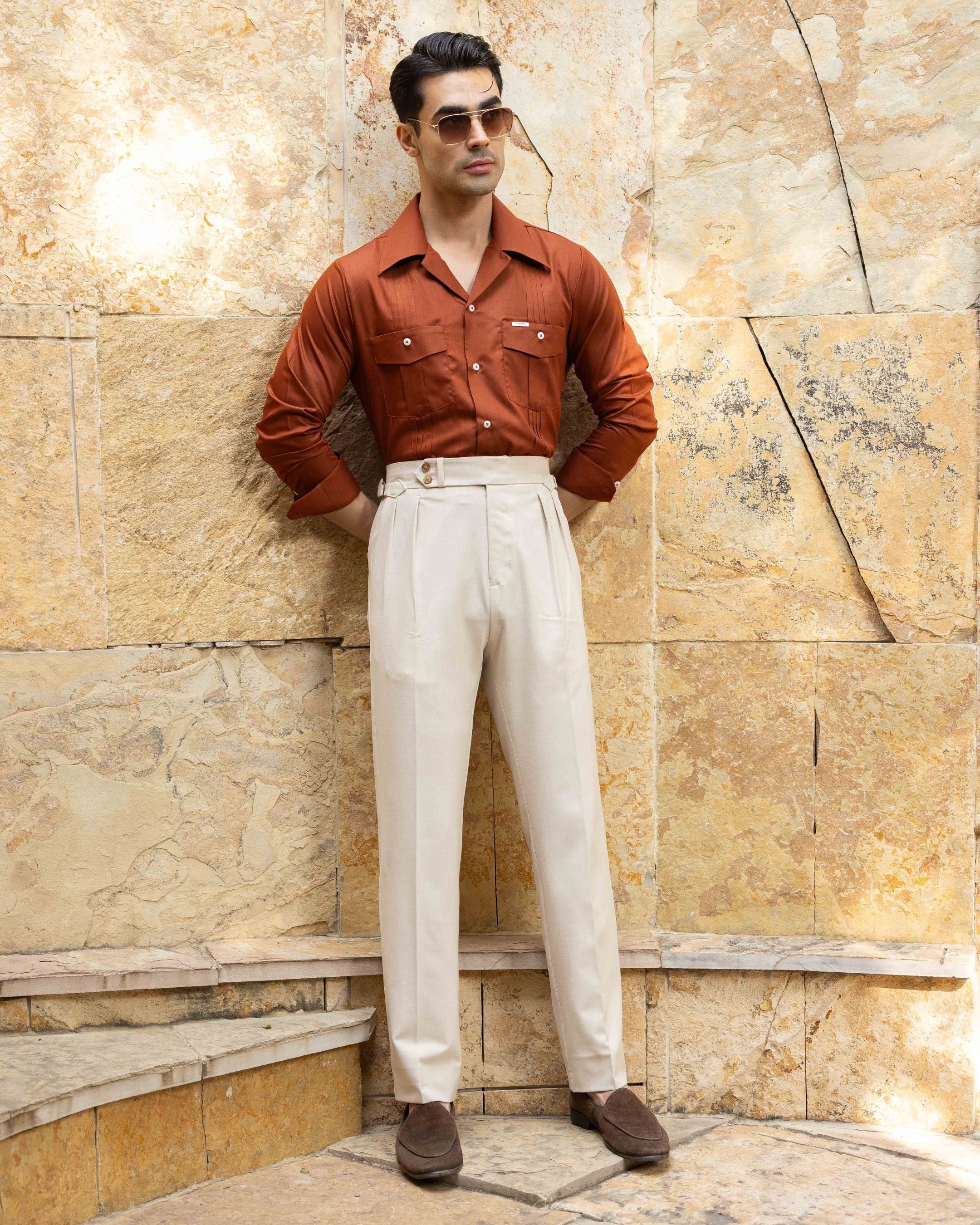 Beige Double Pleated Gurkha Trousers (Fit 201 : Tailored Straight - High Rise)