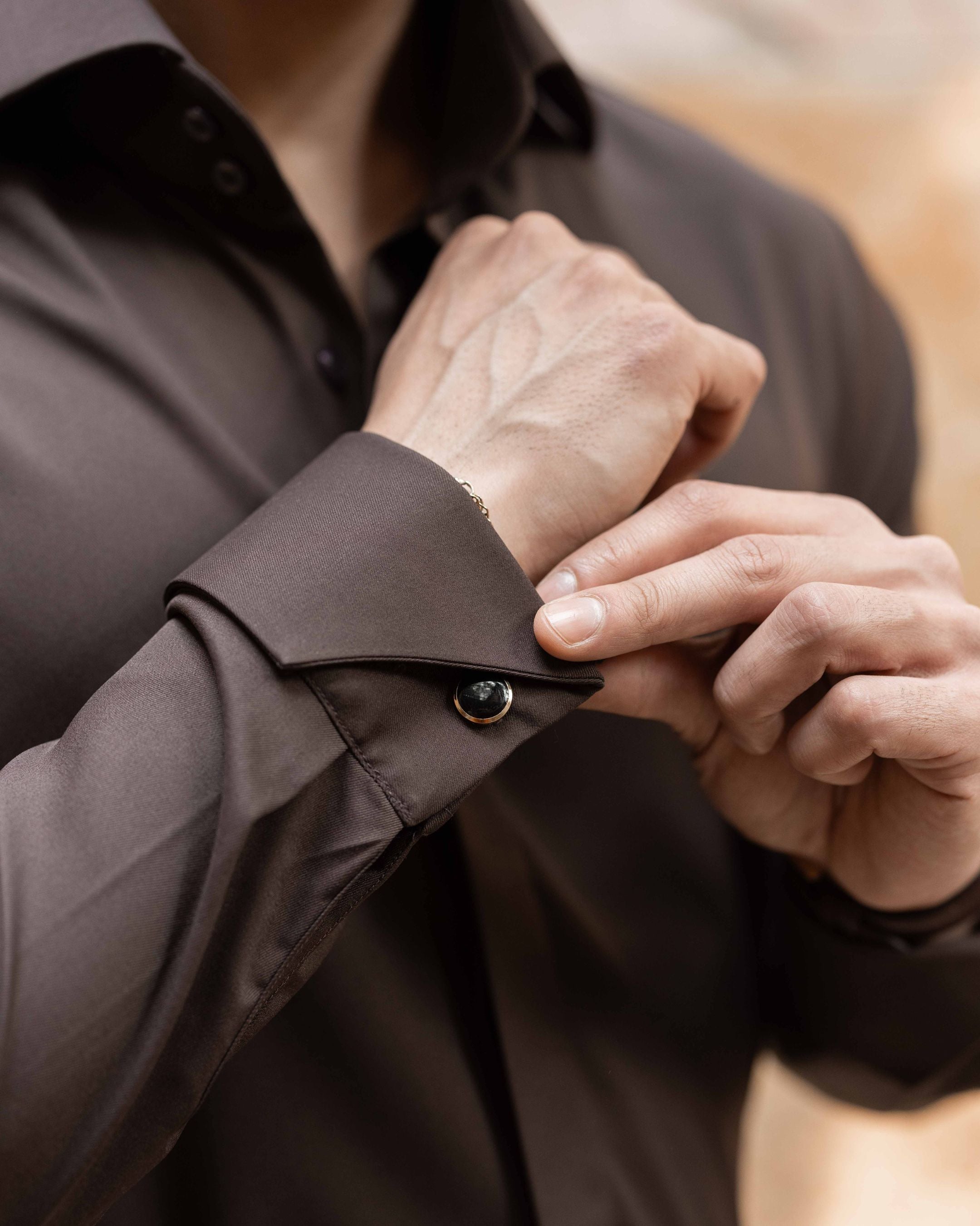 Mocha Brown High Stand 2-Buttons Cut-away Collar shirt