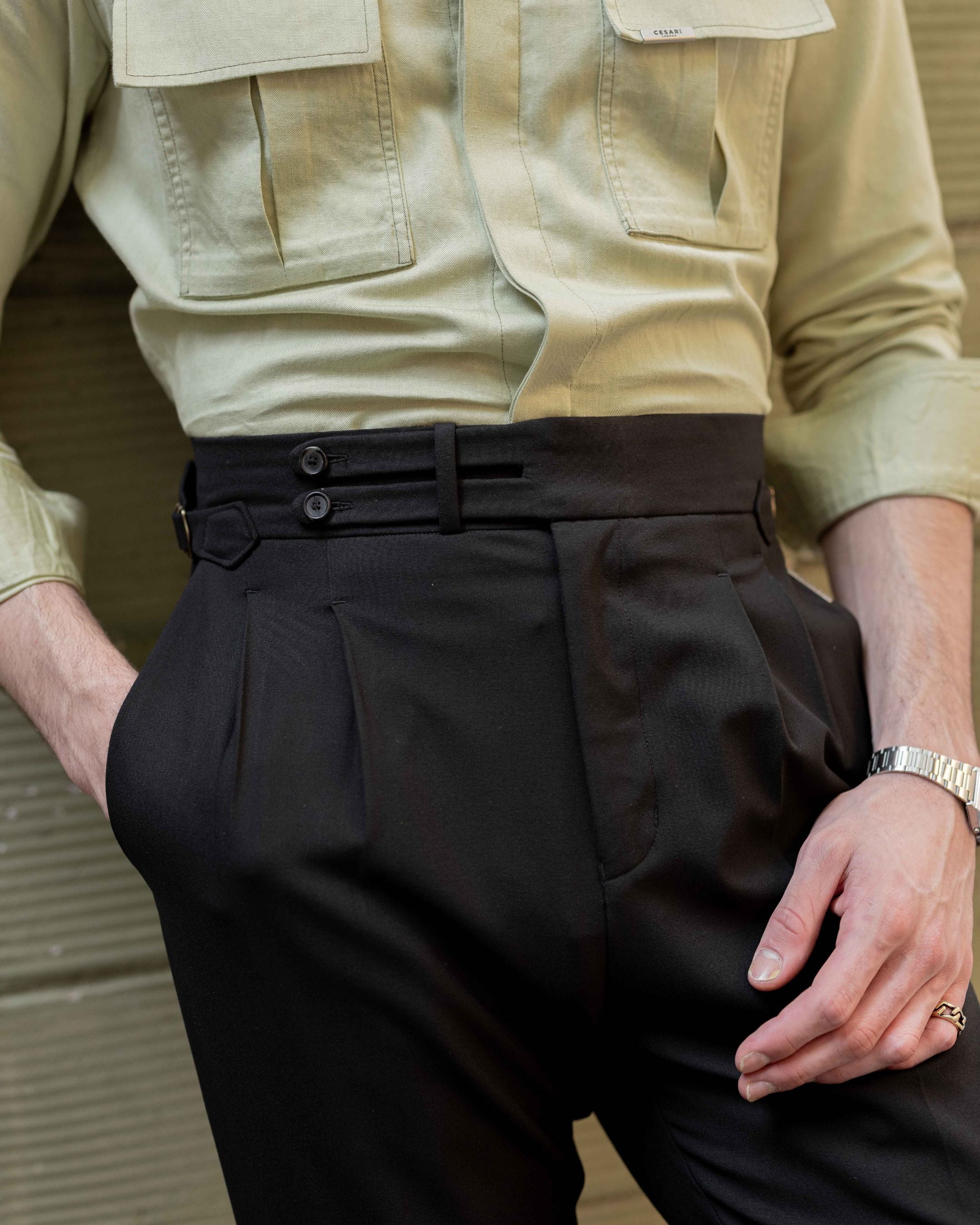 Black Double Tab Gurkha Trousers (Fit 201 : Tailored Straight - High Rise)