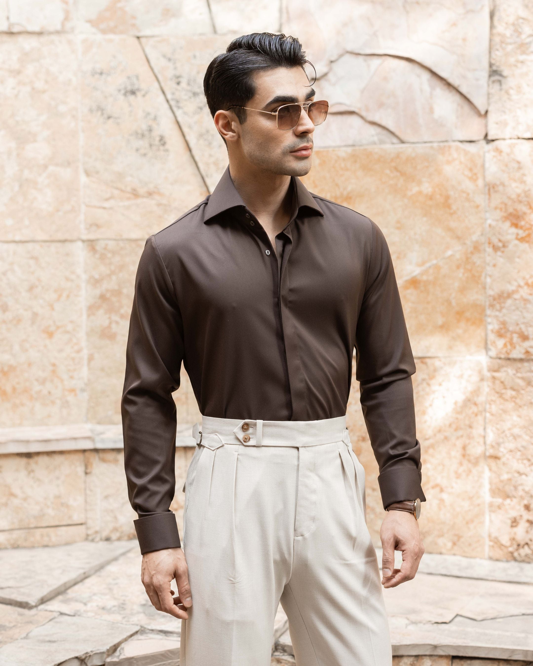Mocha Brown High Stand 2-Buttons Cut-away Collar shirt