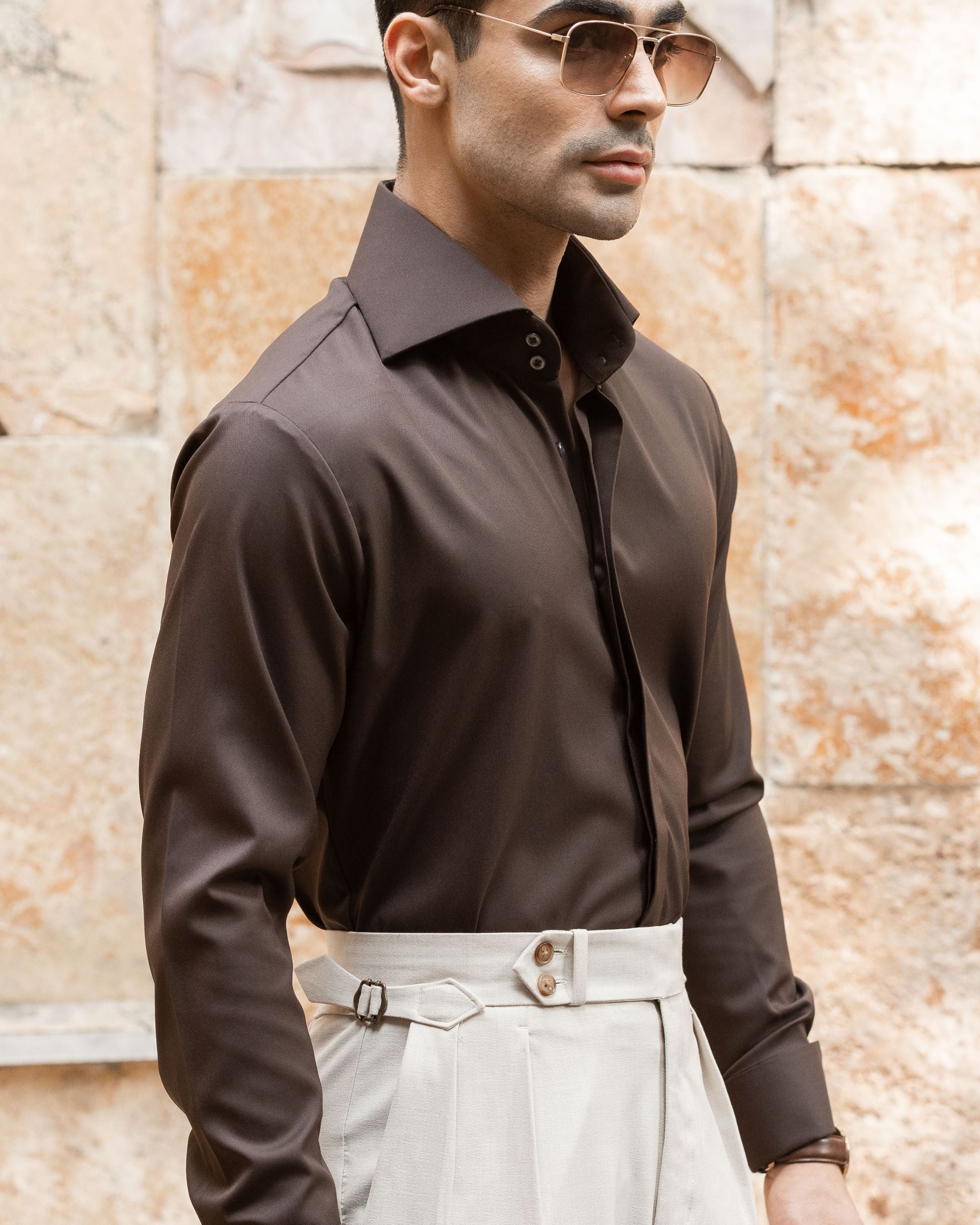 Mocha Brown High Stand 2-Buttons Cut-away Collar shirt