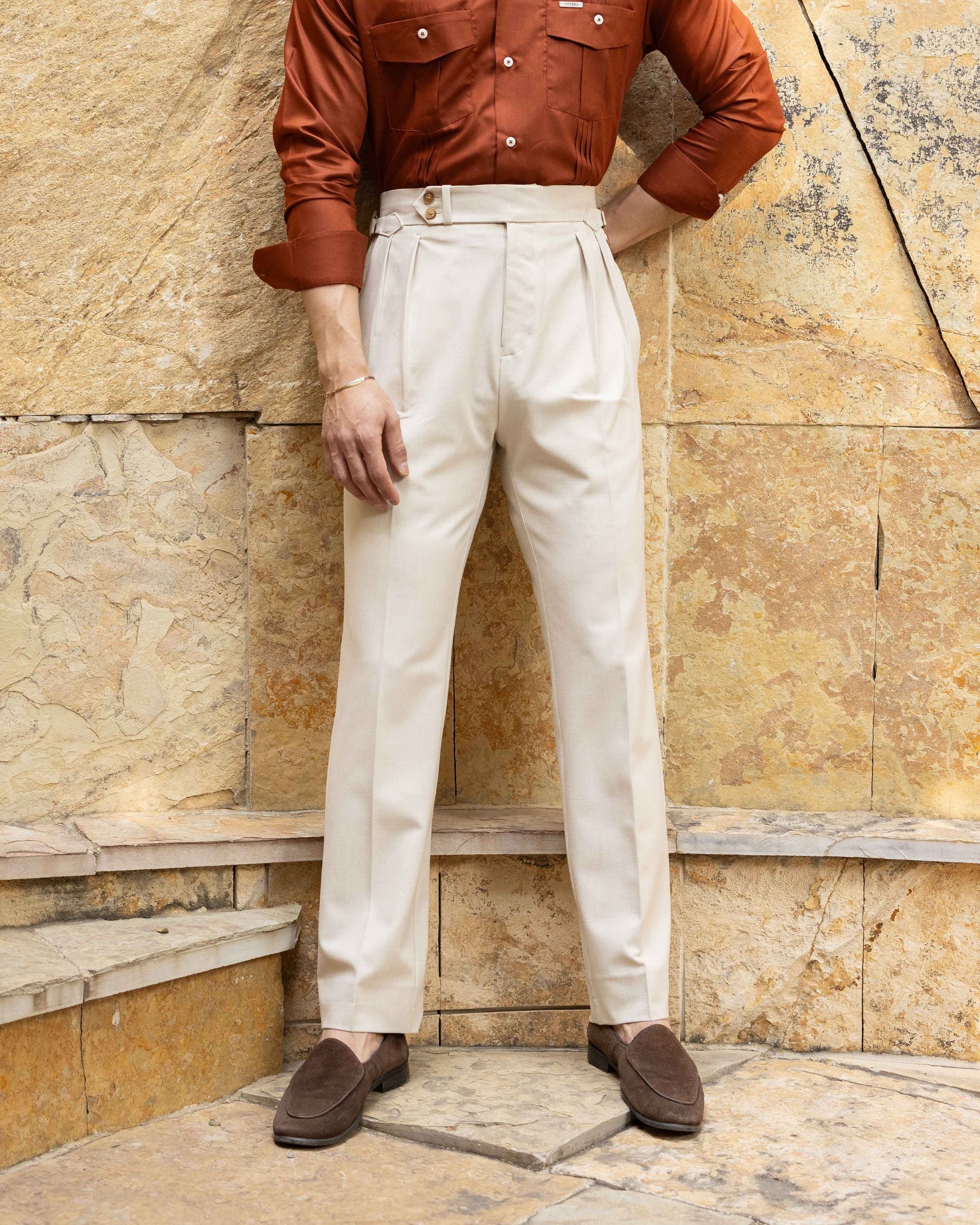Beige Double Pleated Gurkha Trousers (Fit 201 : Tailored Straight - High Rise)
