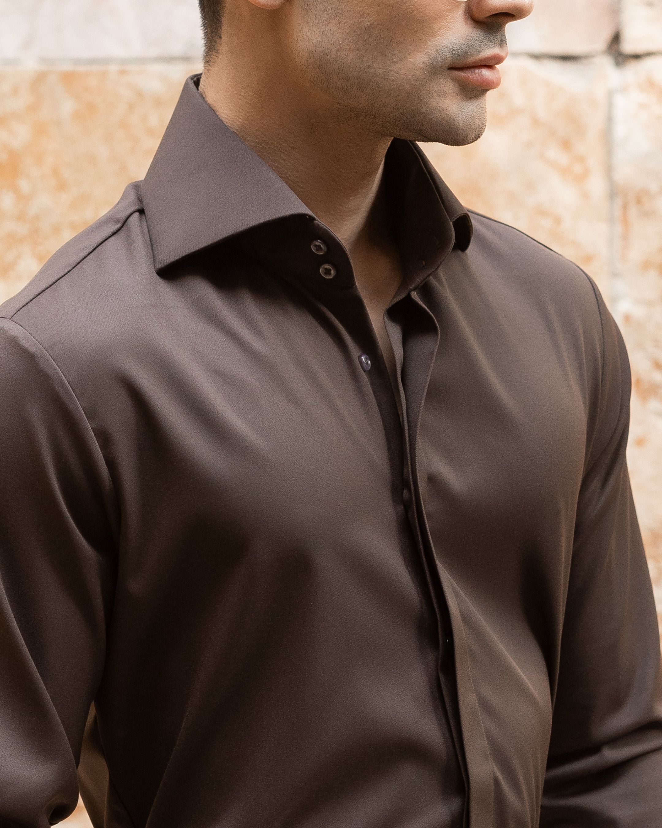 Mocha Brown High Stand 2-Buttons Cut-away Collar shirt