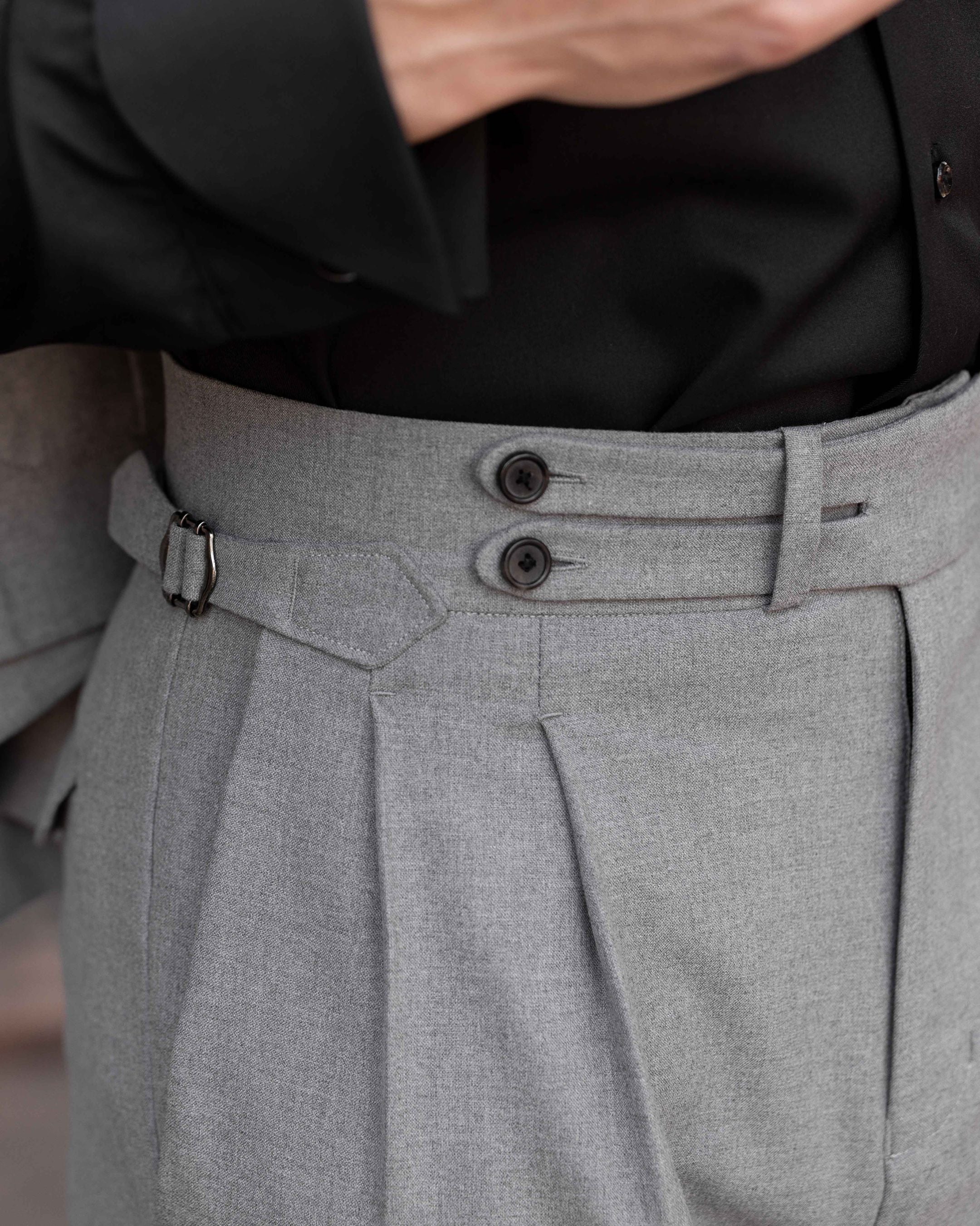 Melange Grey Double Tab Gurkha Trousers (Fit 201 : Tailored Straight - High Rise)