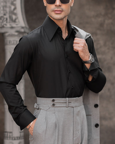 Rich Black High Stand 2-Buttons Point Collar Shirt