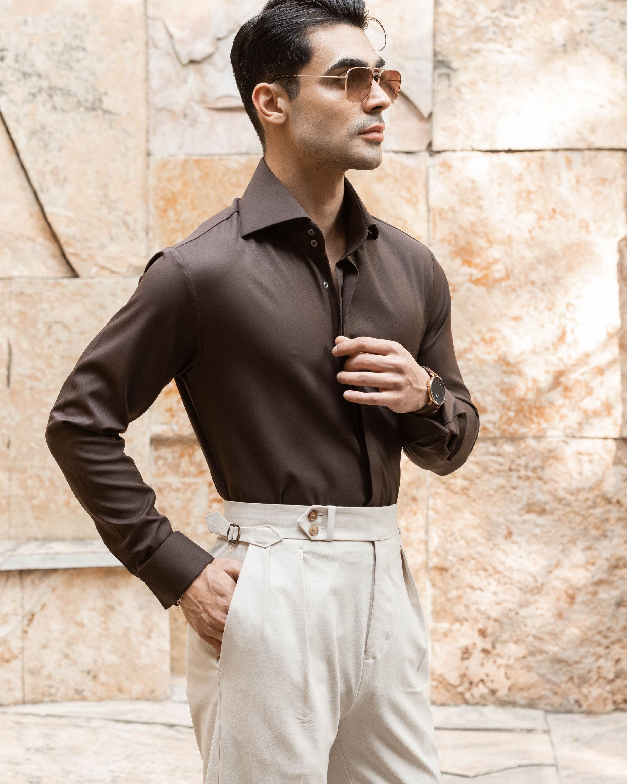Mocha Brown High Stand 2-Buttons Cut-away Collar shirt