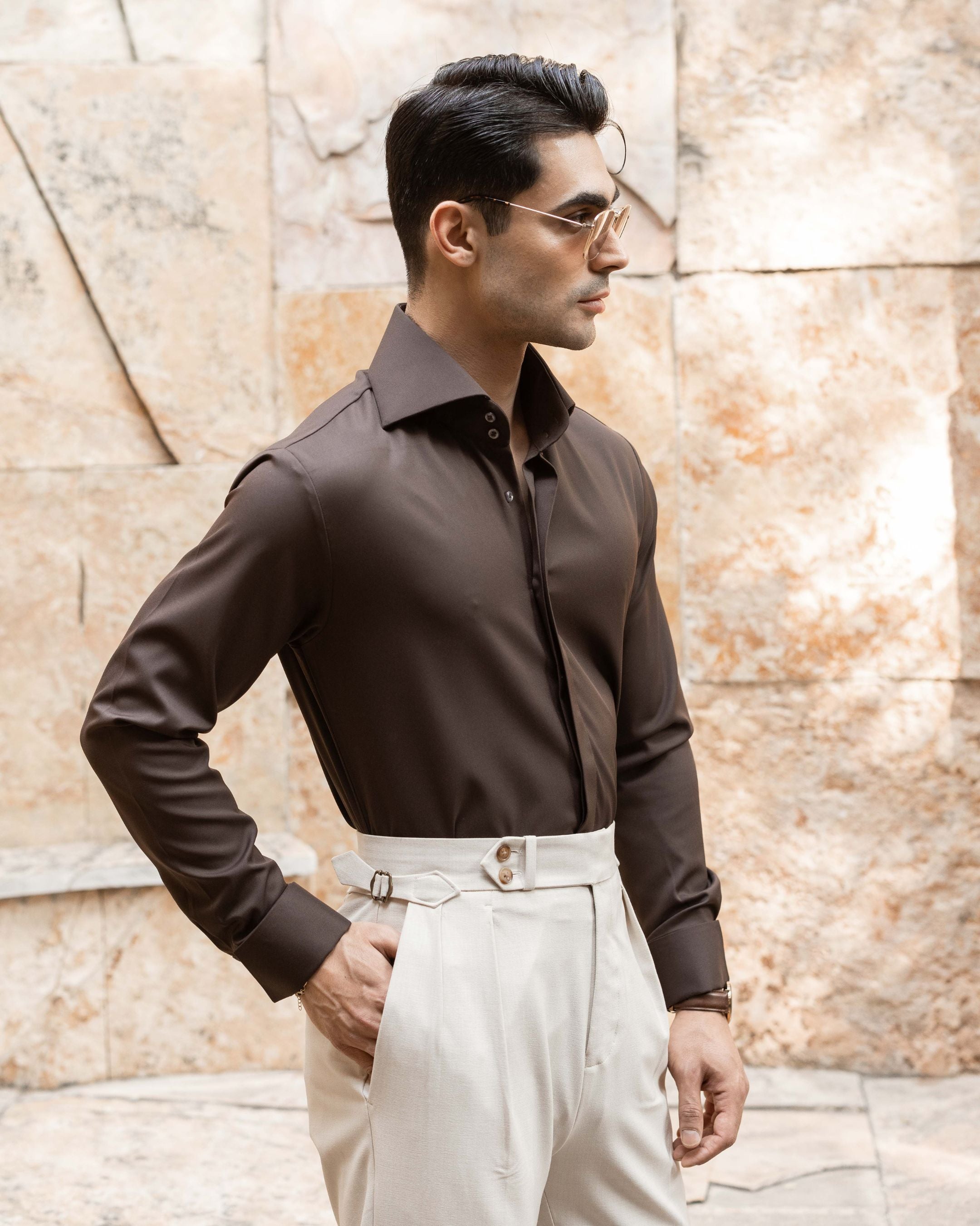 Mocha Brown High Stand 2-Buttons Cut-away Collar shirt