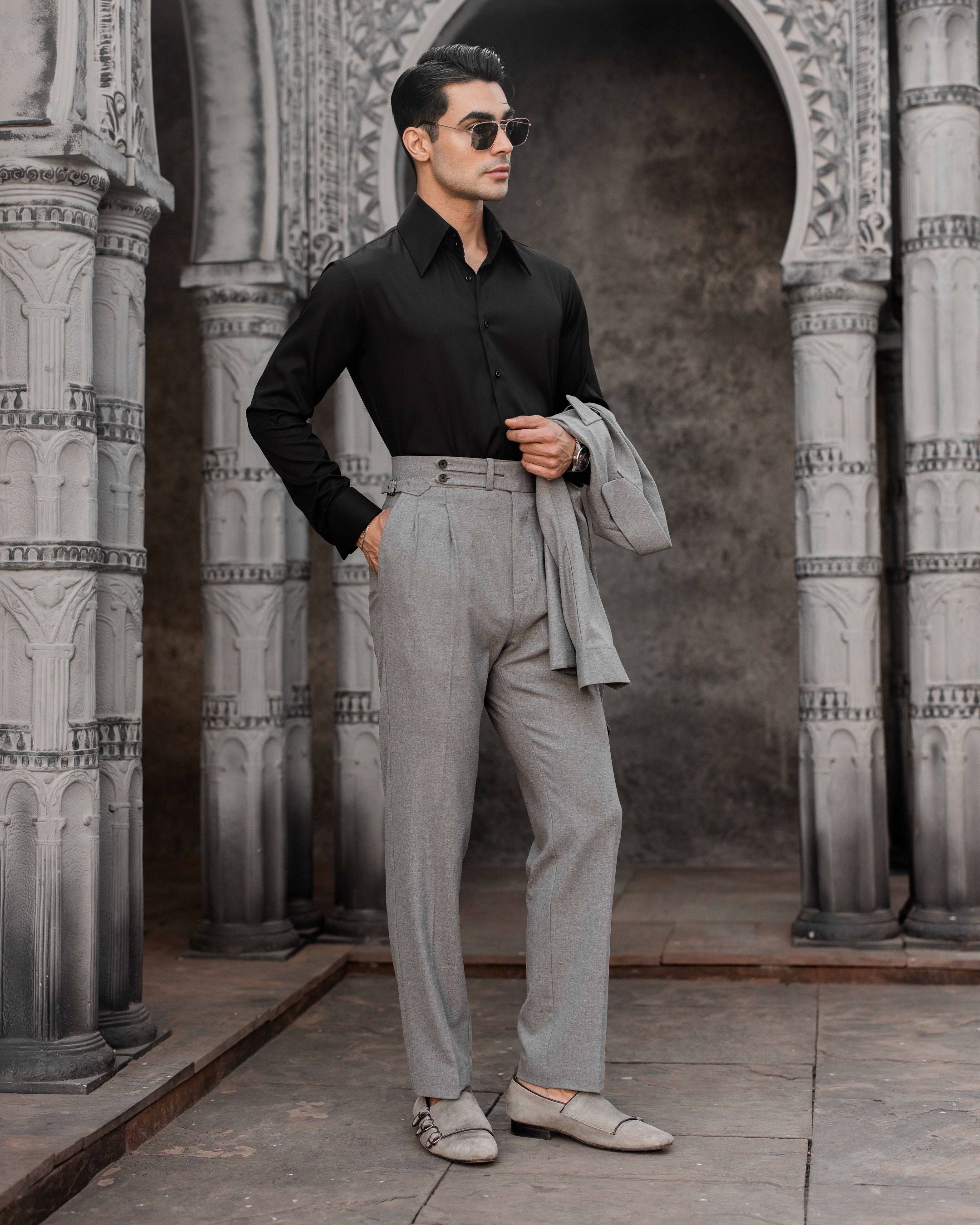 Melange Grey Double Tab Gurkha Trousers (Fit 201 : Tailored Straight - High Rise)