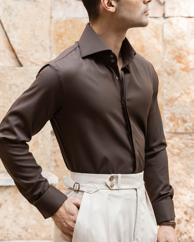 Mocha Brown High Stand 2-Buttons Cut-away Collar shirt