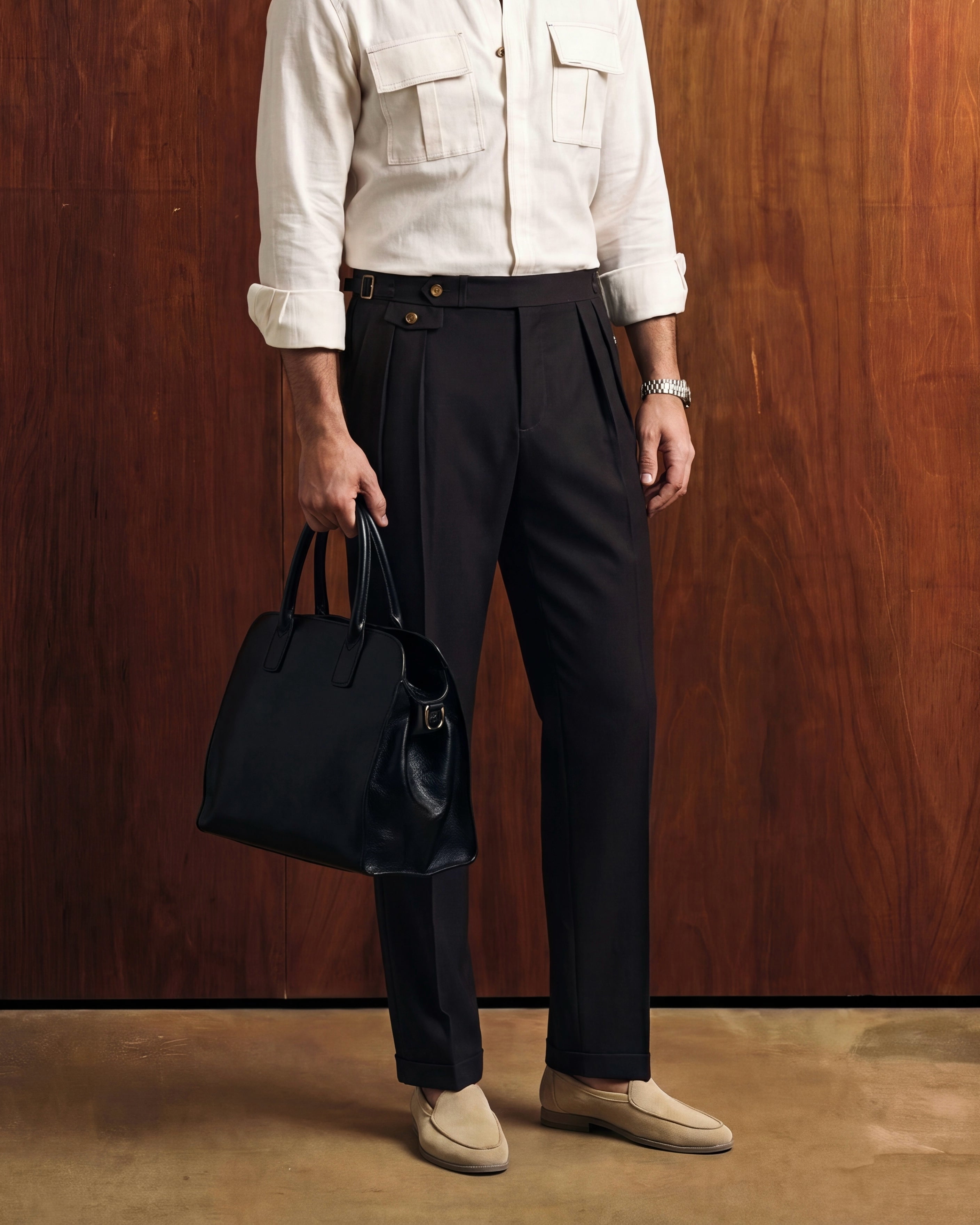 Sartorial Black Double Pleated Italian Trousers (Fit 101 : Tapered Leg - Mid Rise)