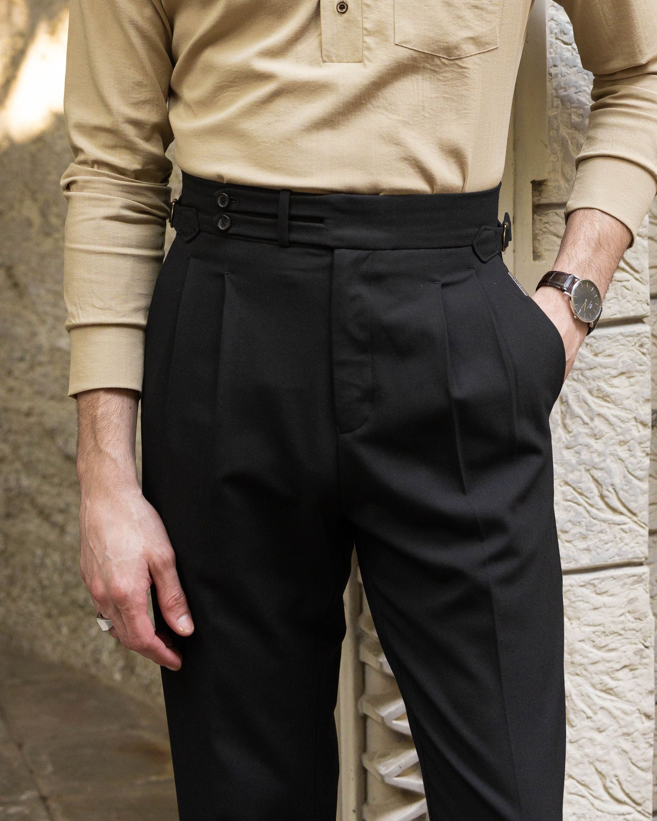 Black Double Tab Gurkha Trousers (Fit 201 : Tailored Straight - High Rise)