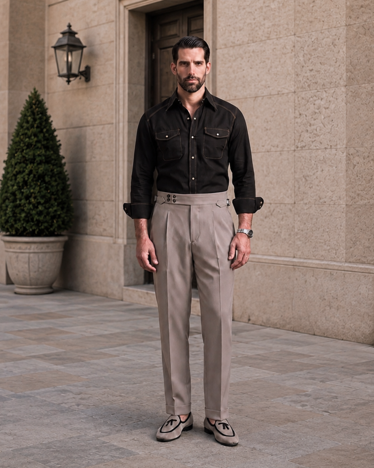 Taupe Grey Single Pleated Gurkha Trousers (Fit 201 : Tailored Straight - Mid Rise)