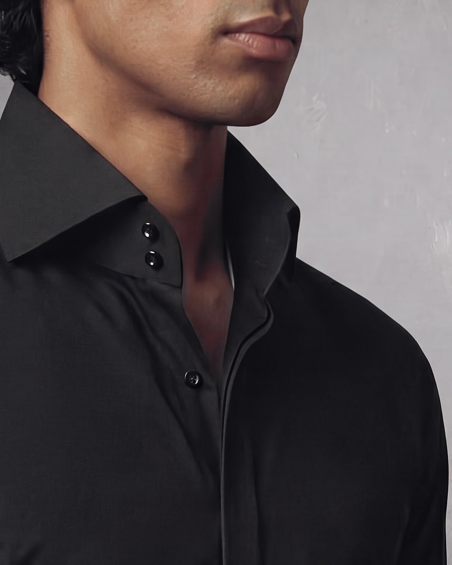 Black High Stand 2-Buttons Cut-away Collar shirt