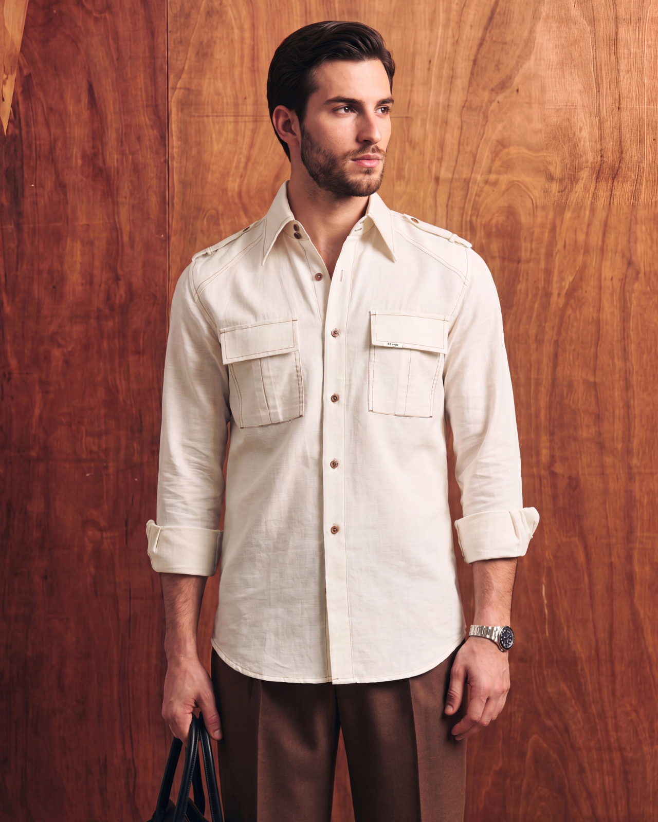 60’s White Textured Topstitched Field Shirt