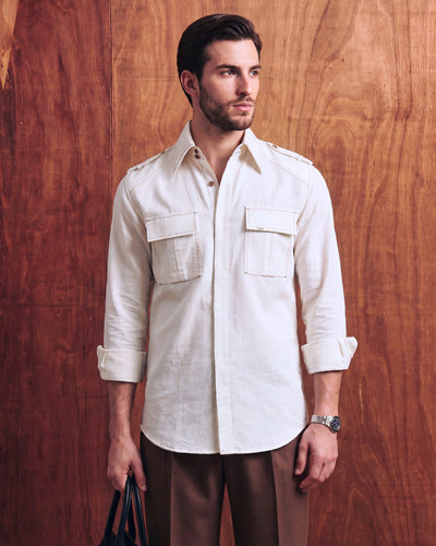 60’s White Textured Topstitched Field Shirt