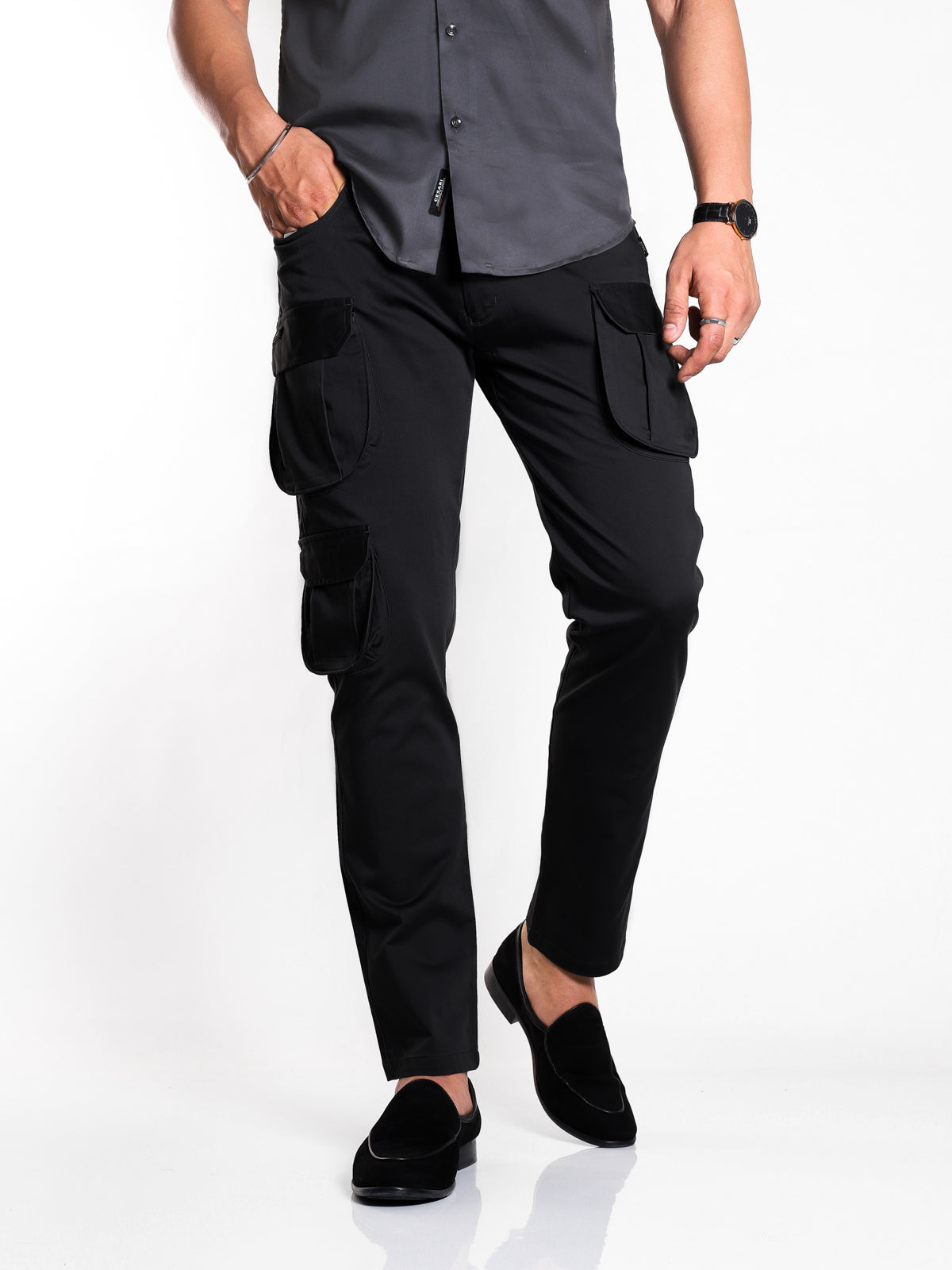 BLACK STRETCH SIX POCKET CARGO PANTS