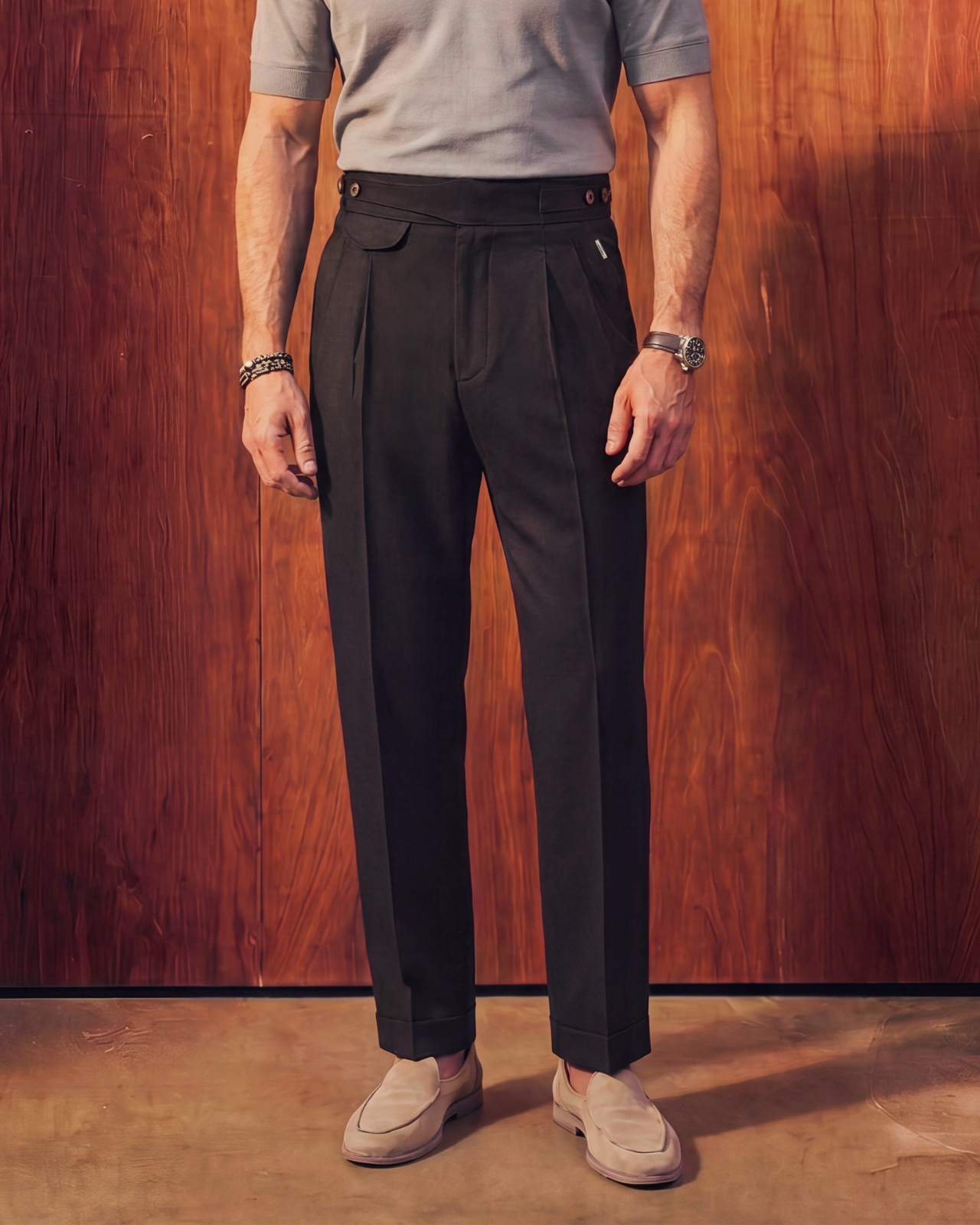 Black Seville Double Pleated Gurkha Trousers (Fit 201 : Tailored Straight - High Rise)