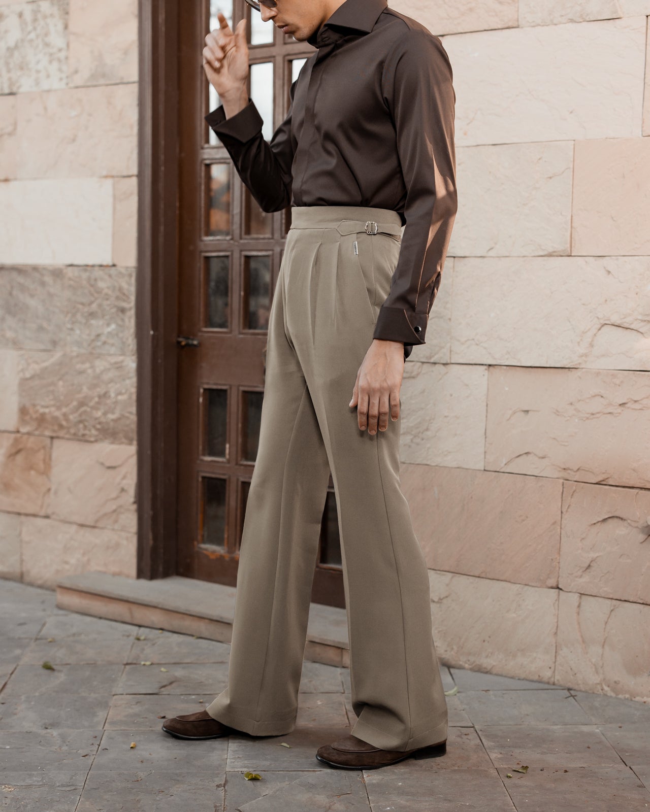 Taupe Grey Flared Cut Double Pleated Trousers (Fit 401 : Flared Cut - High Rise)