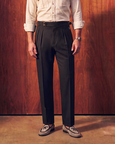 Carbon Black Double Pleated Gurkha Trousers (Fit 201 : Tailored Straight - High Rise)