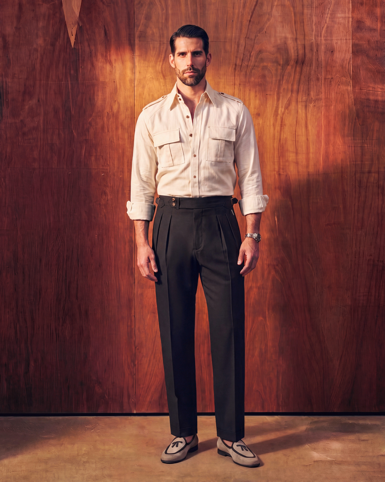 Carbon Black Double Pleated Gurkha Trousers (Fit 201 : Tailored Straight - High Rise)