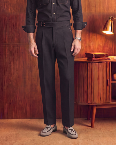Black 4-Buttons Single Pleated Gurkha Trousers (Fit 201 : Tailored Straight - Mid Rise)