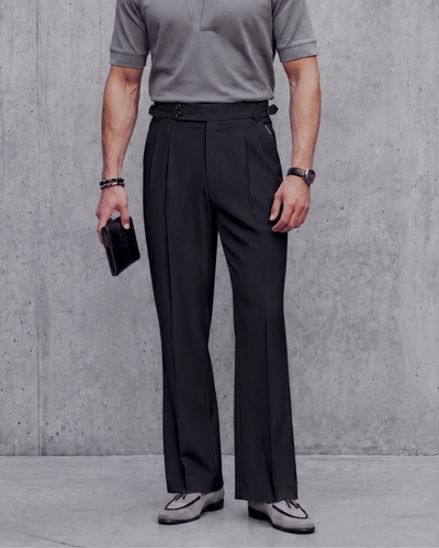 Noir Black Flared Cut Double Pleated Trousers (Fit 401 : Flared Cut - High Rise)