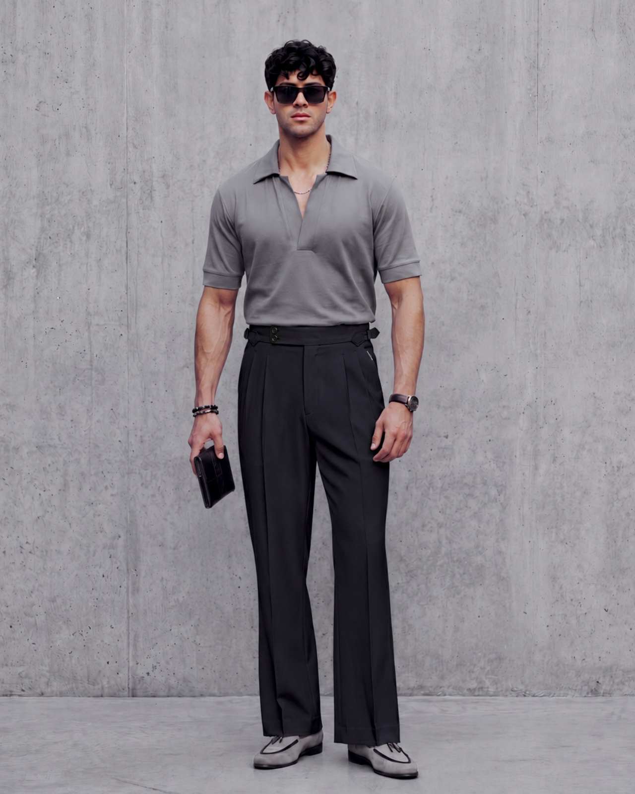 Noir Black Flared Cut Double Pleated Trousers (Fit 401 : Flared Cut - High Rise)