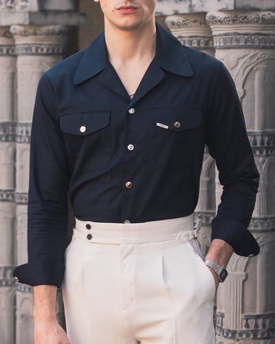 50's Wide Cuban Collar Navy Blue Shirt
