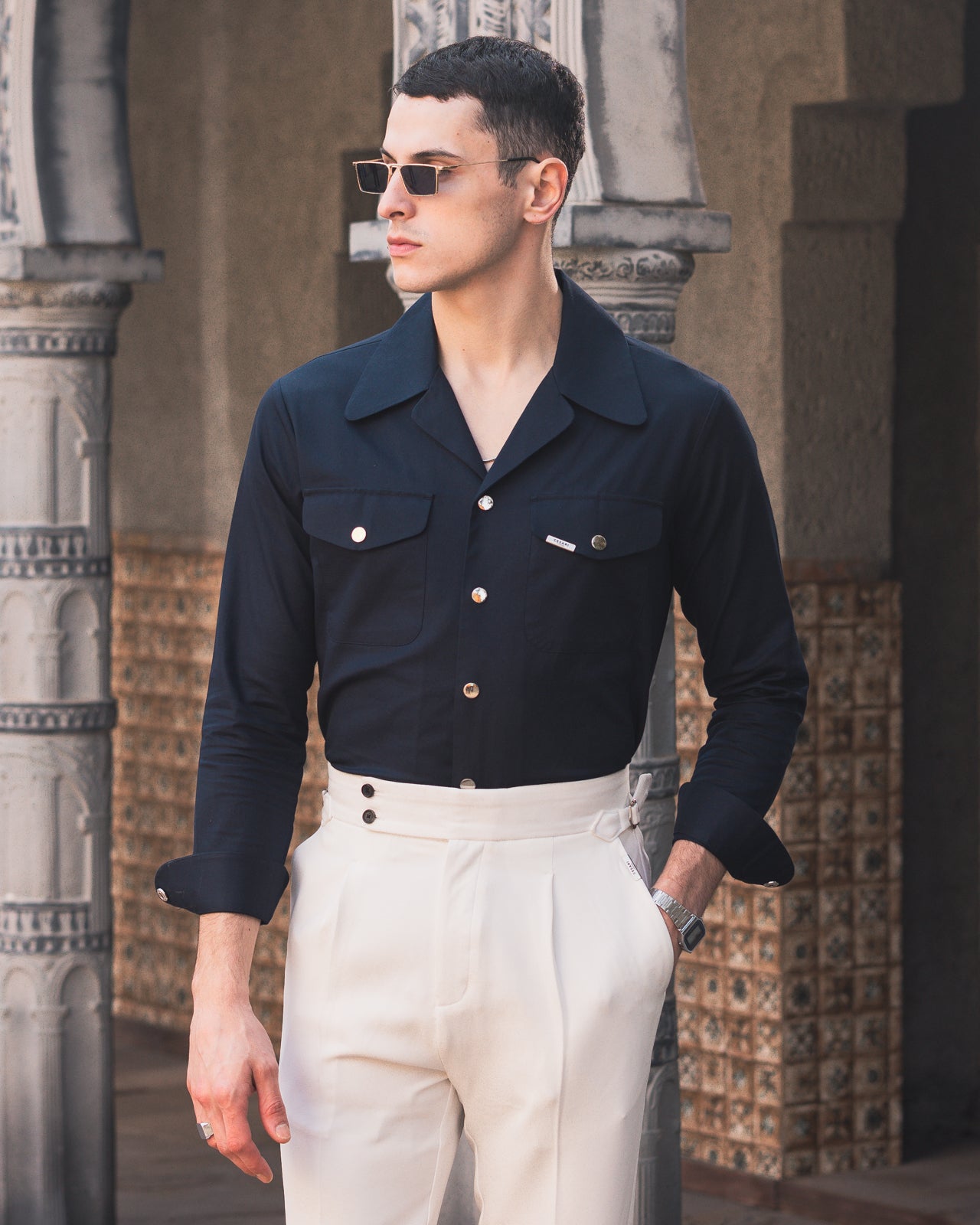 50's Wide Cuban Collar Navy Blue Shirt