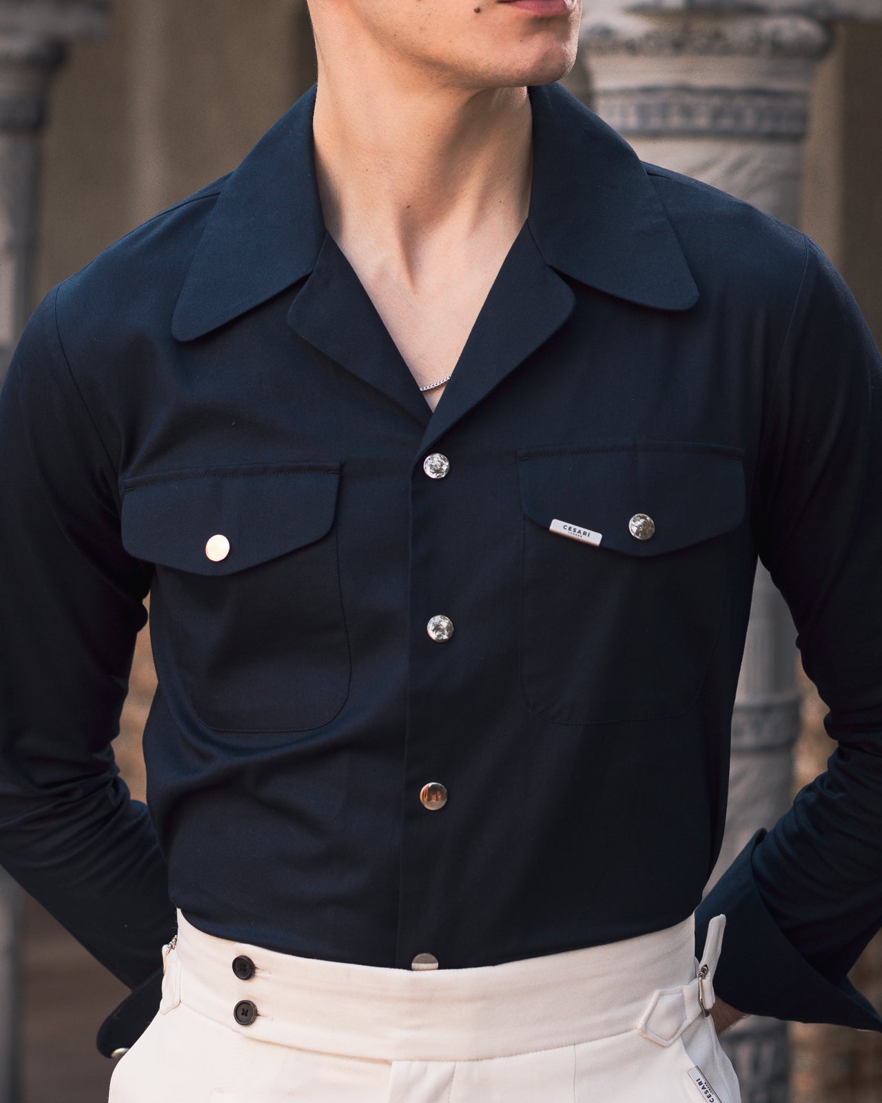 50's Wide Cuban Collar Navy Blue Shirt